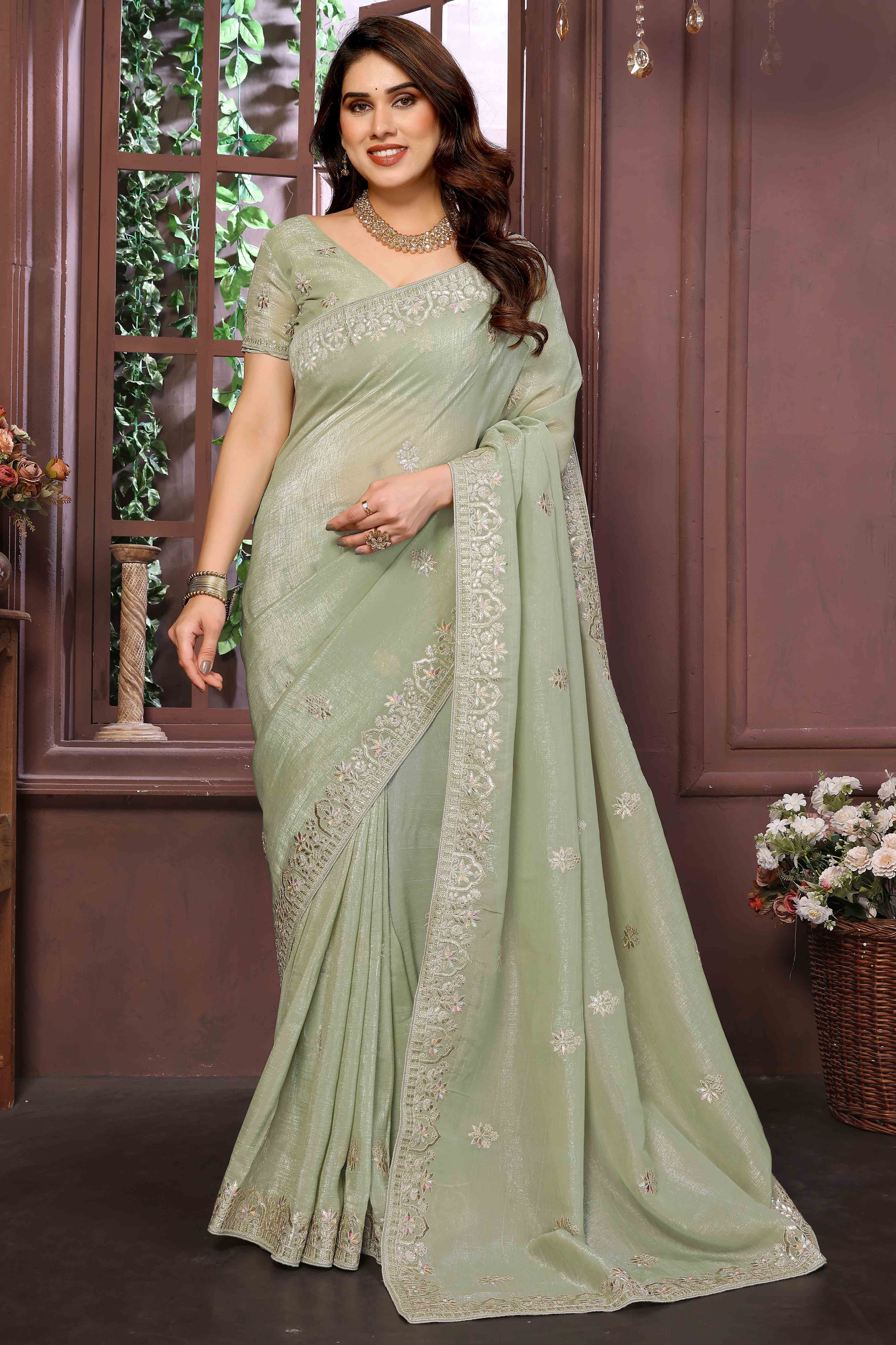 Green Crunchy Saree With Enchanting Floral Gota Patti Work