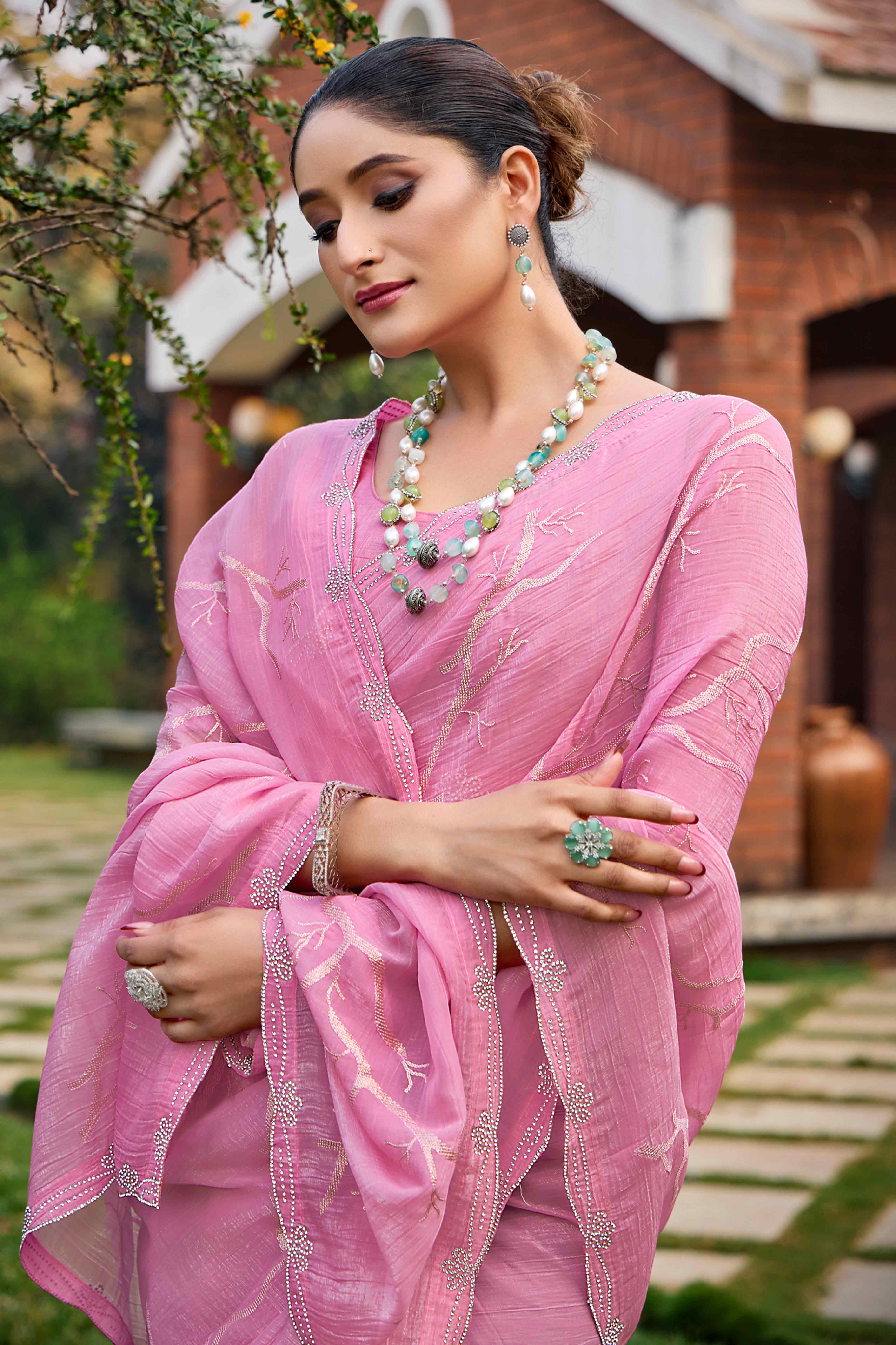 Pink Sequins With Zarkan Work Chiffon Saree