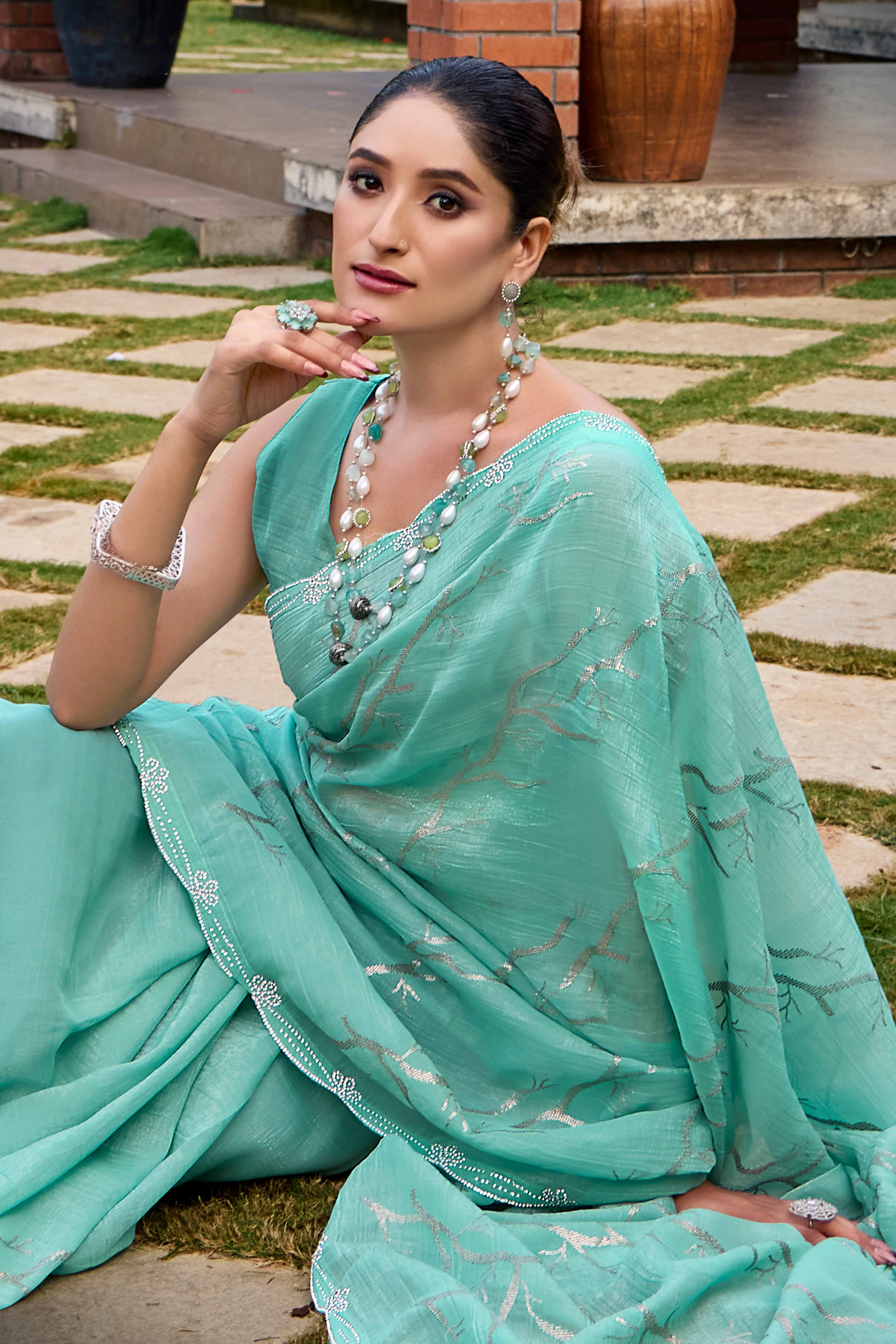 Turquoise Sequins With Zarkan Work Chiffon Saree