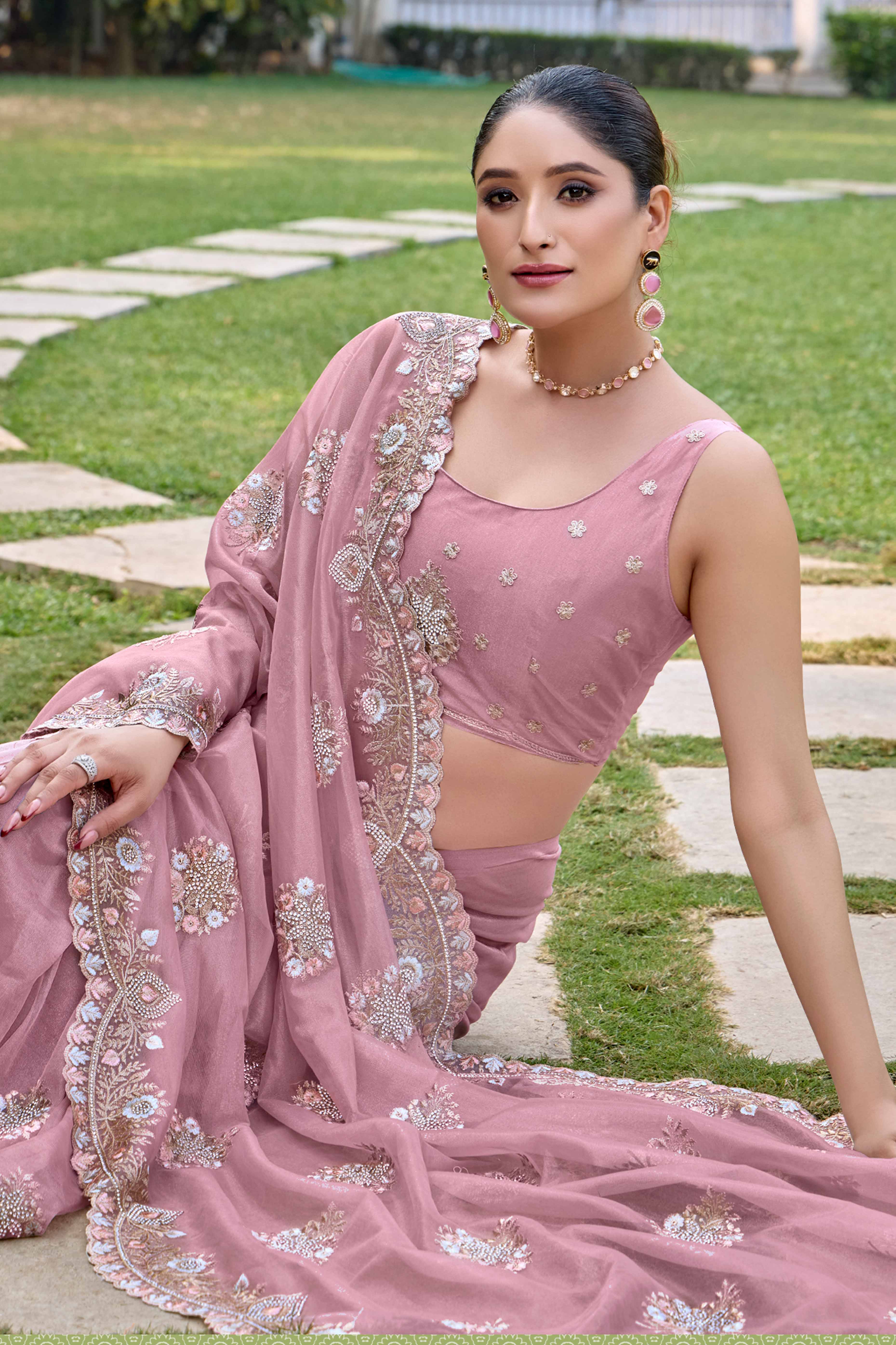 Onion Pink Floral Embroidery With Zarkan Organza Net Saree