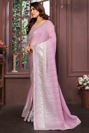 Swarovski Work Saree In Onion Pink With Delicate Floral Zari Border