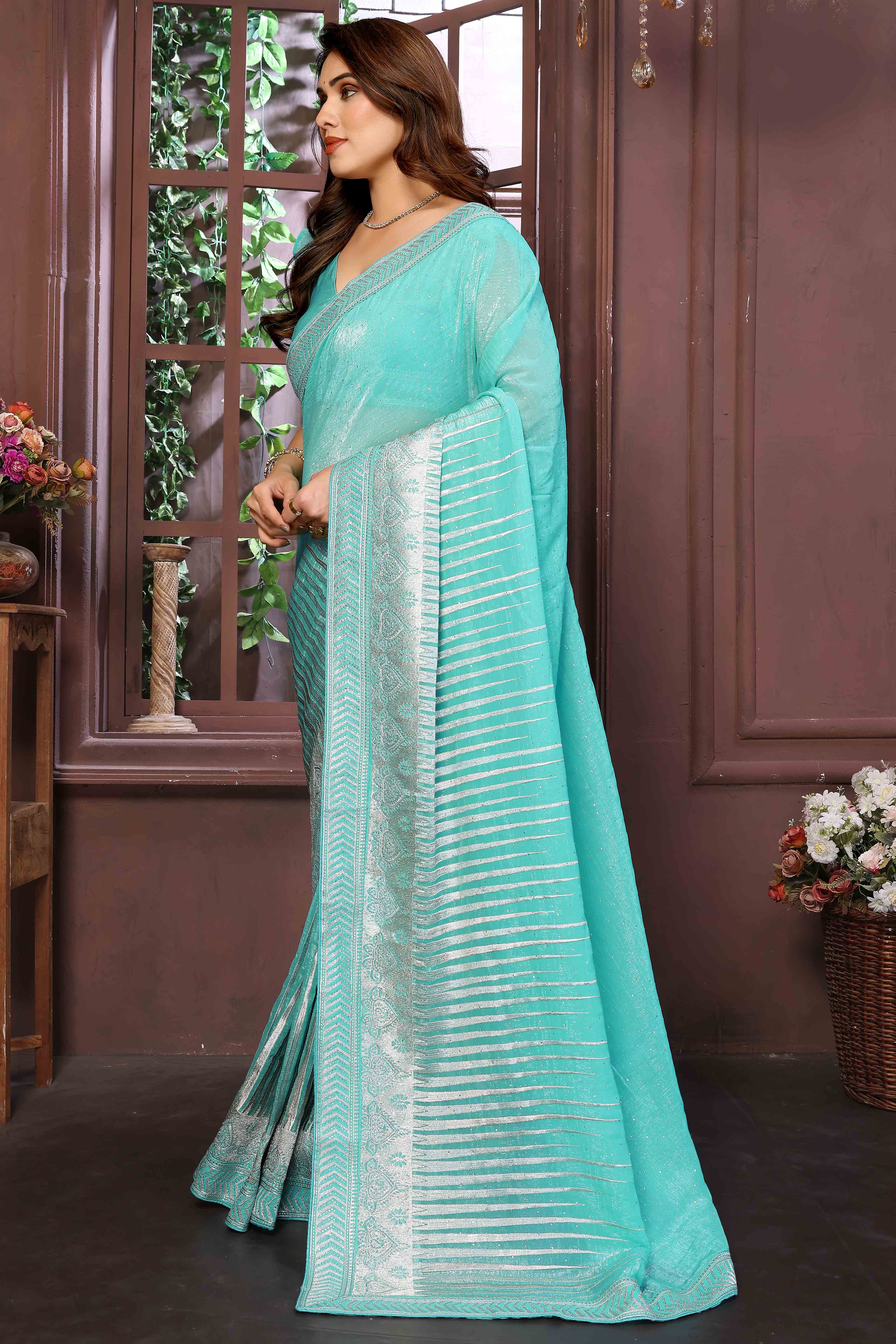 Swarovski Work Saree In Turquoise With Delicate Floral Zari Border
