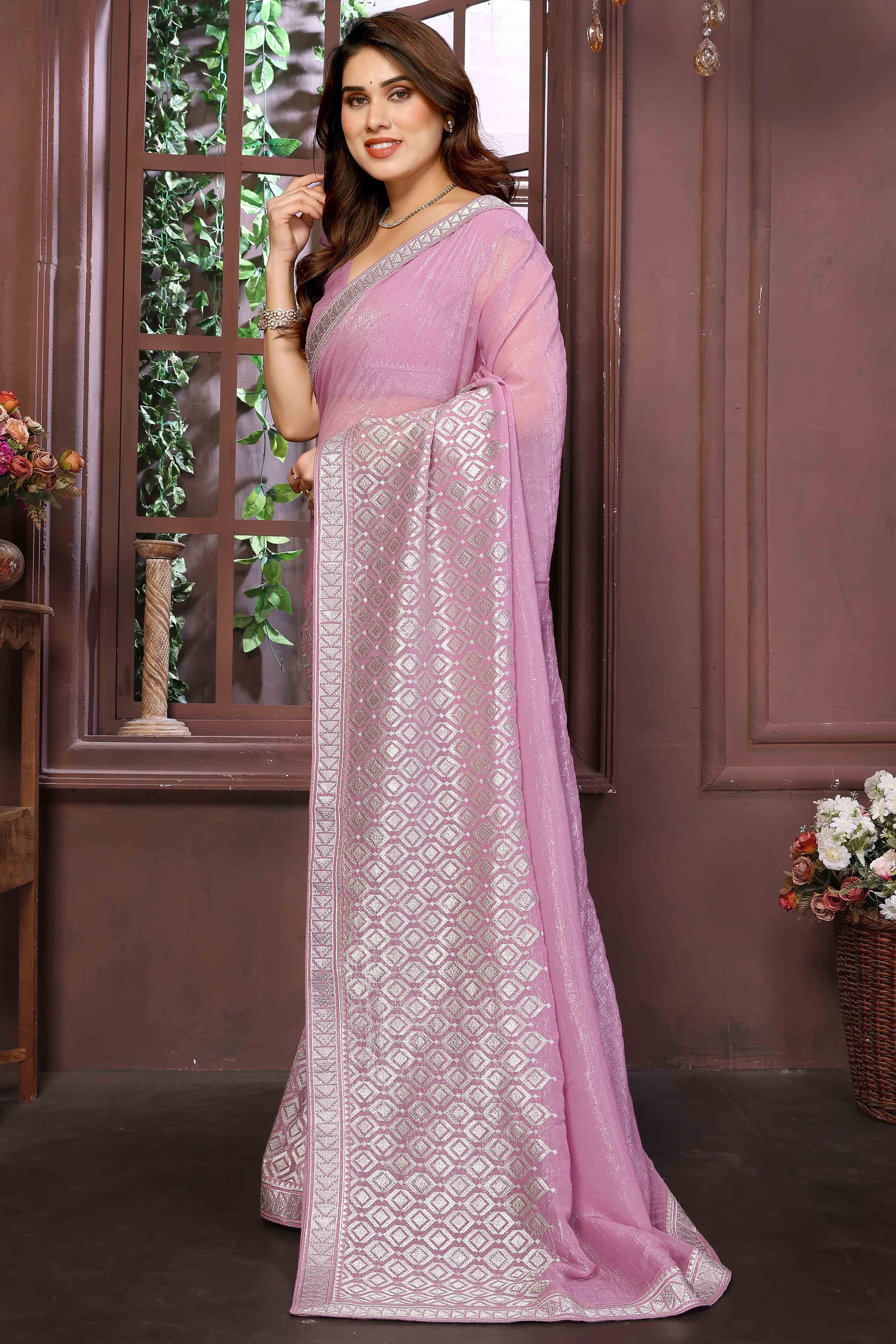 Onion Pink Crunchy Saree With Swarovski Sparkle & Floral Zari Grace