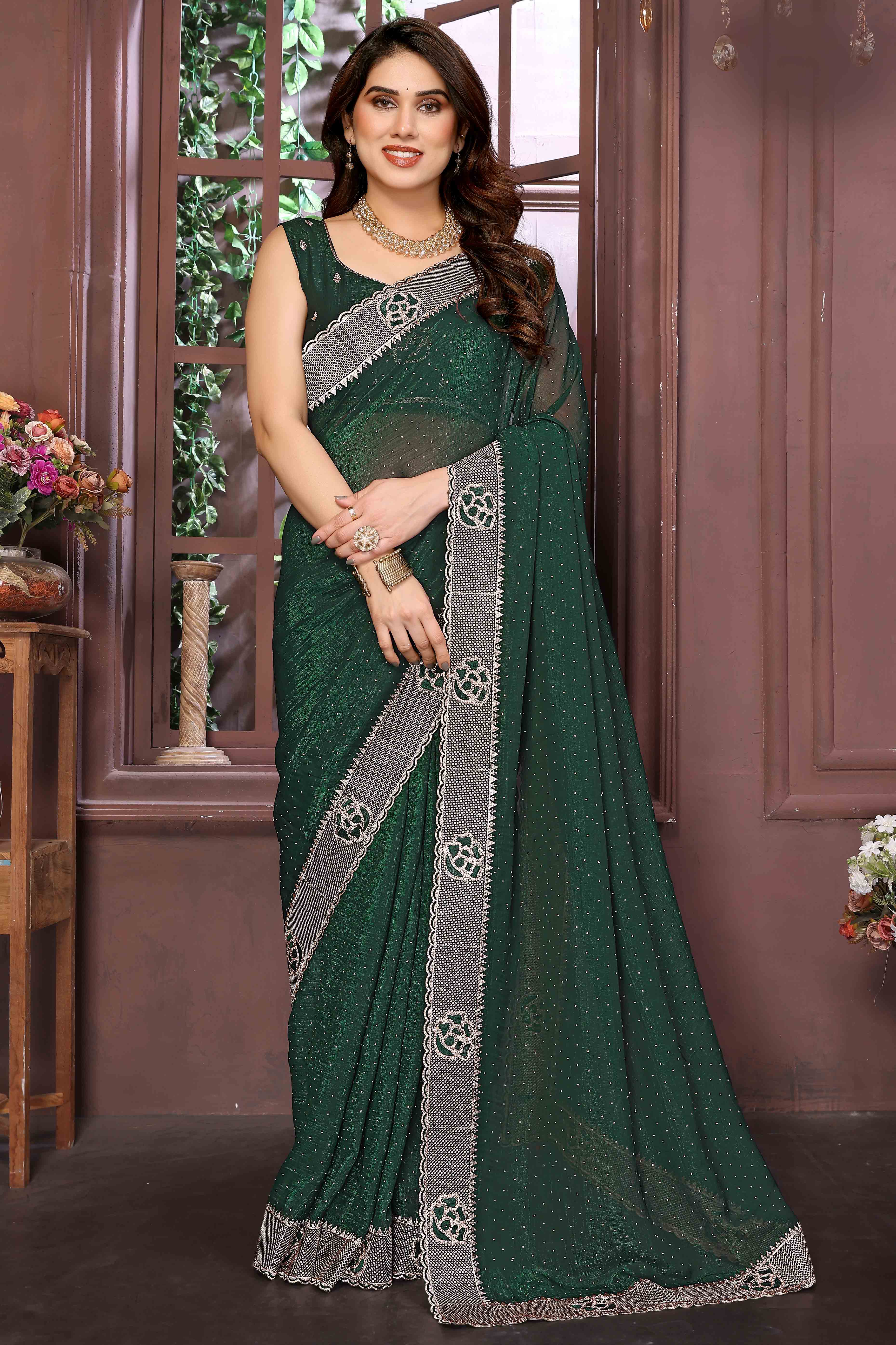 Green Crunchy Saree Adorned With Swarovski Sparkle & Floral Zari Elegance