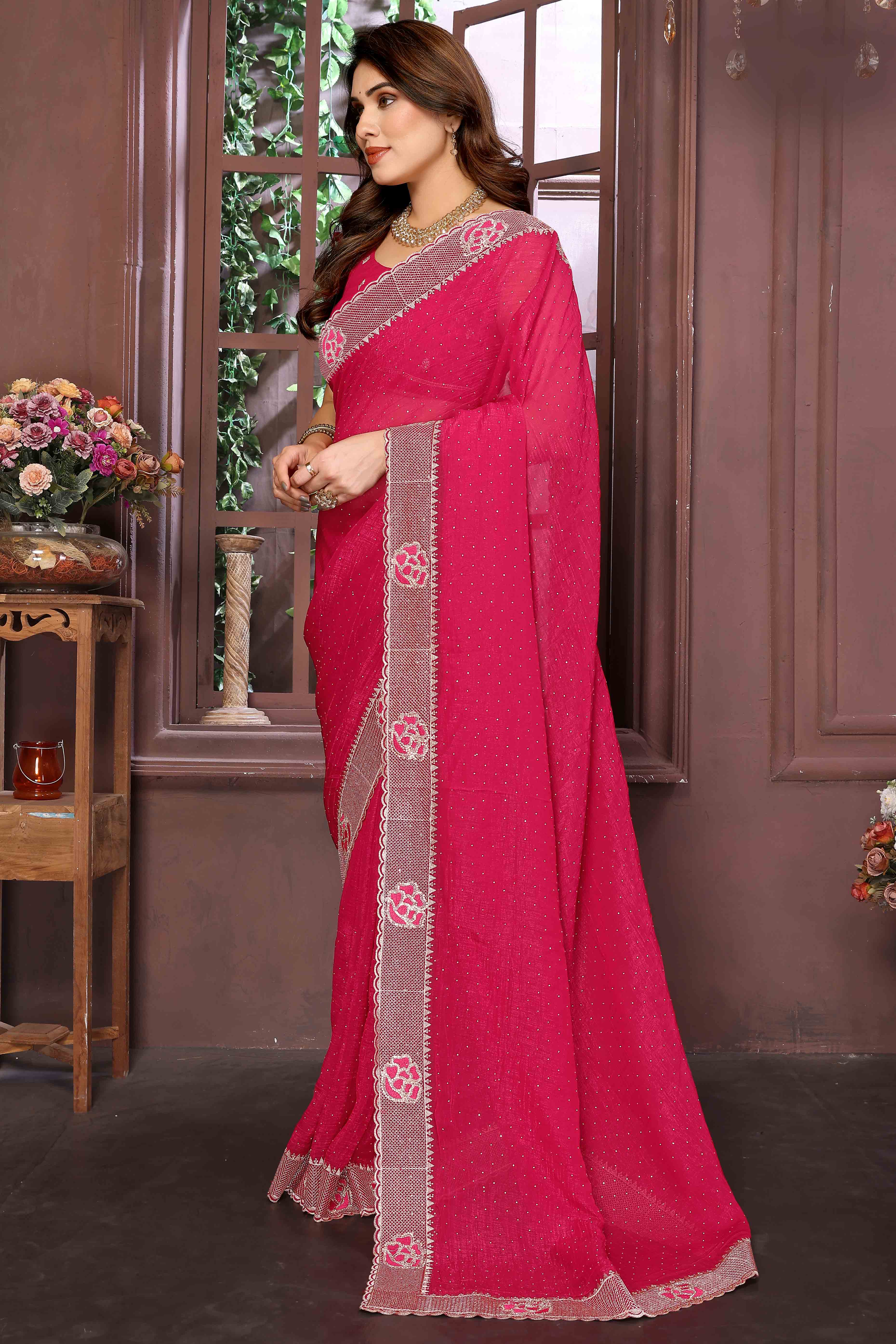 Pink Crunchy Saree Adorned With Swarovski Sparkle & Floral Zari Elegance