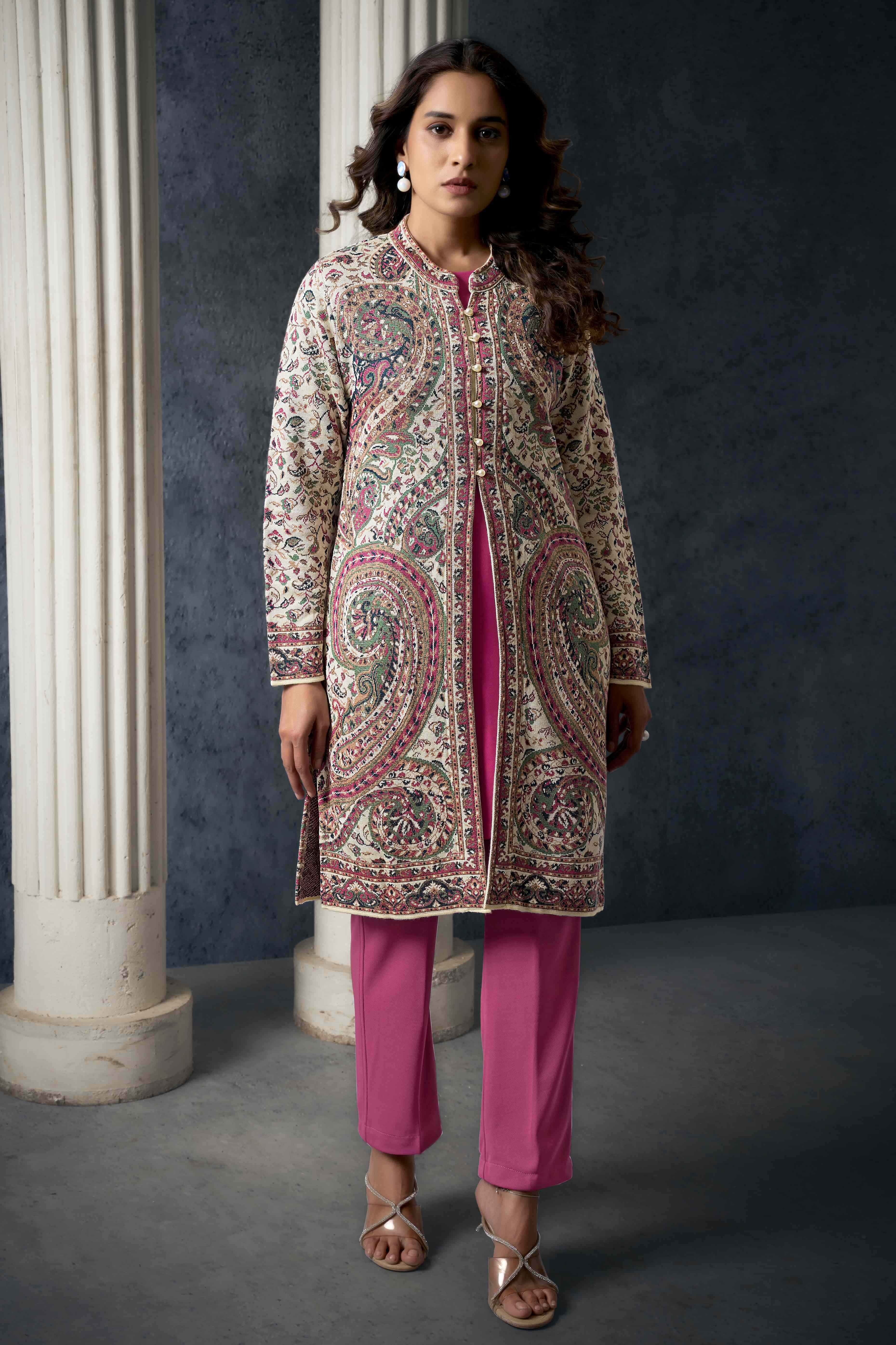 Cream Paisley Weaving Woolen Front Slit Top Bottom Set with Jacket