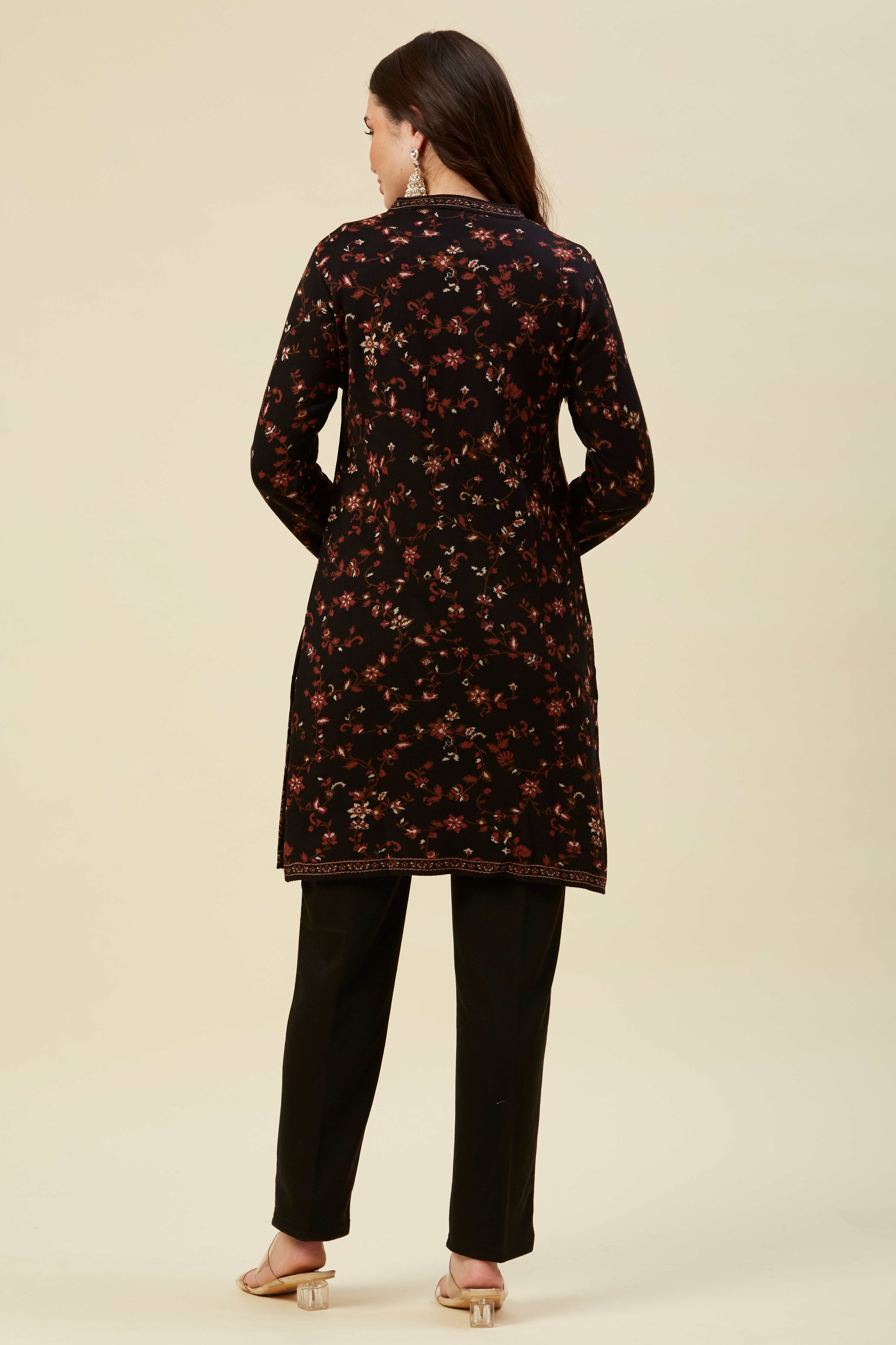 Black Woven Woolen Front Split Top Bottom Set