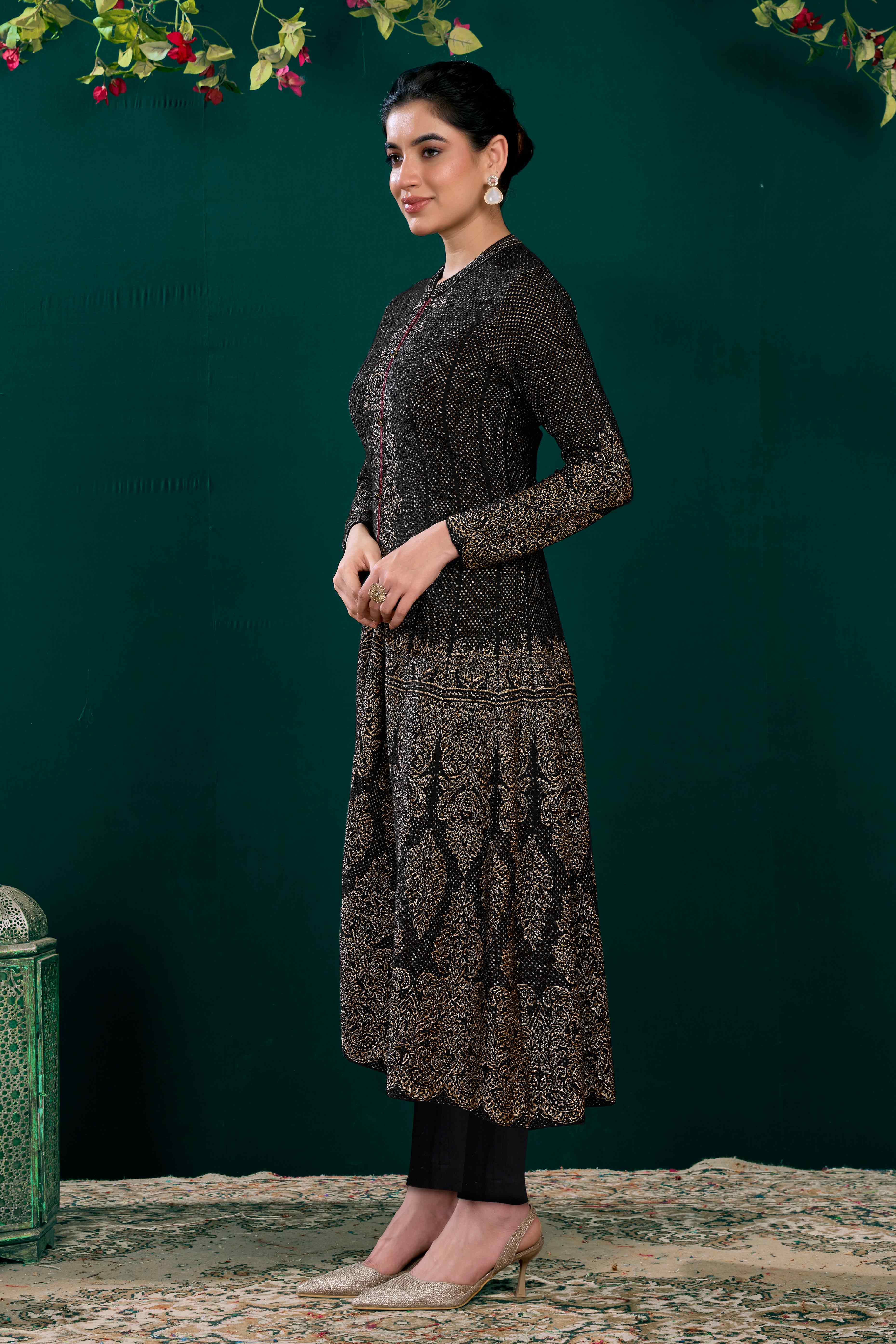 Black Floral Woven A-Line Salwar Suit