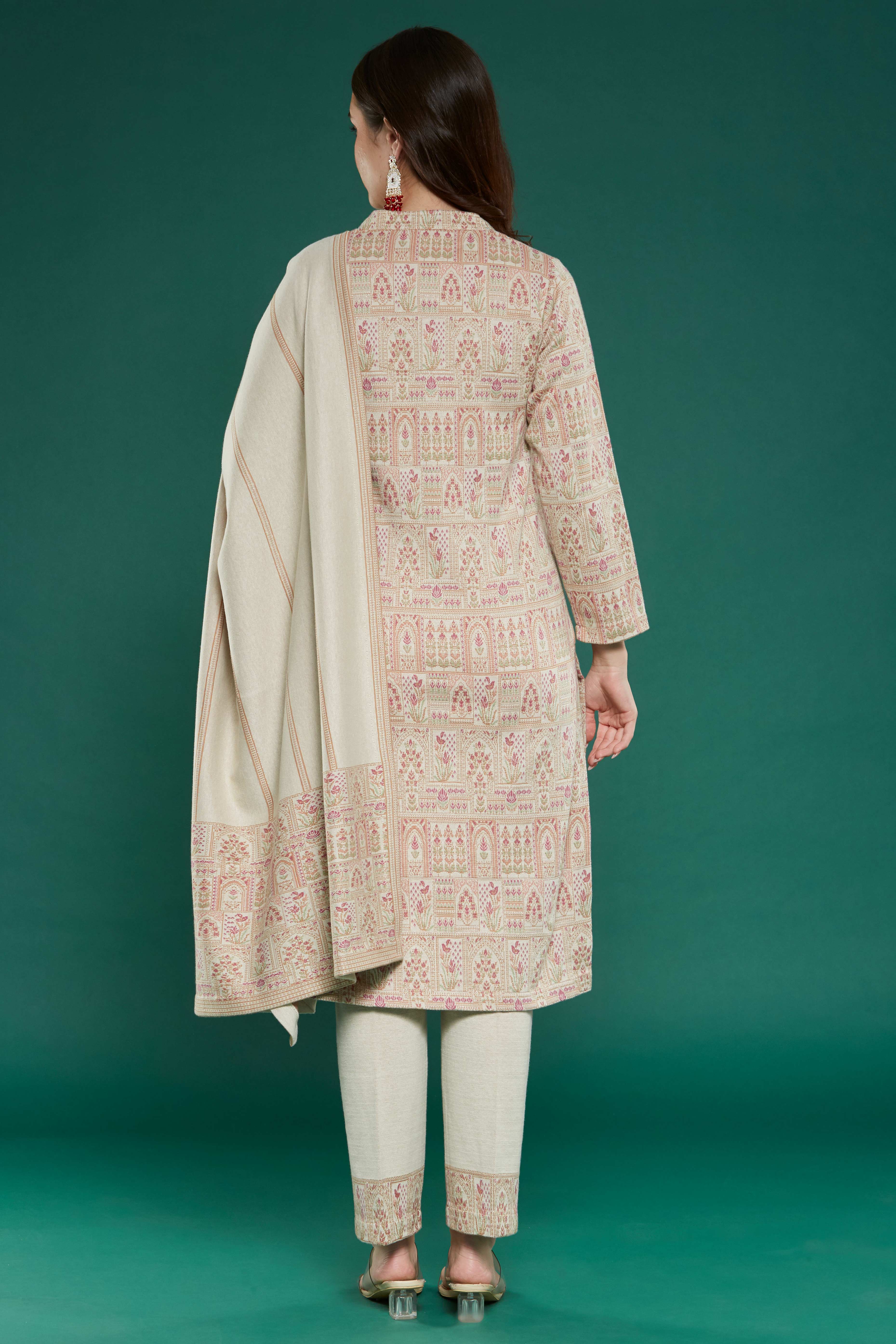 Beige Floral Woven Woolen Straight Salwar Suit
