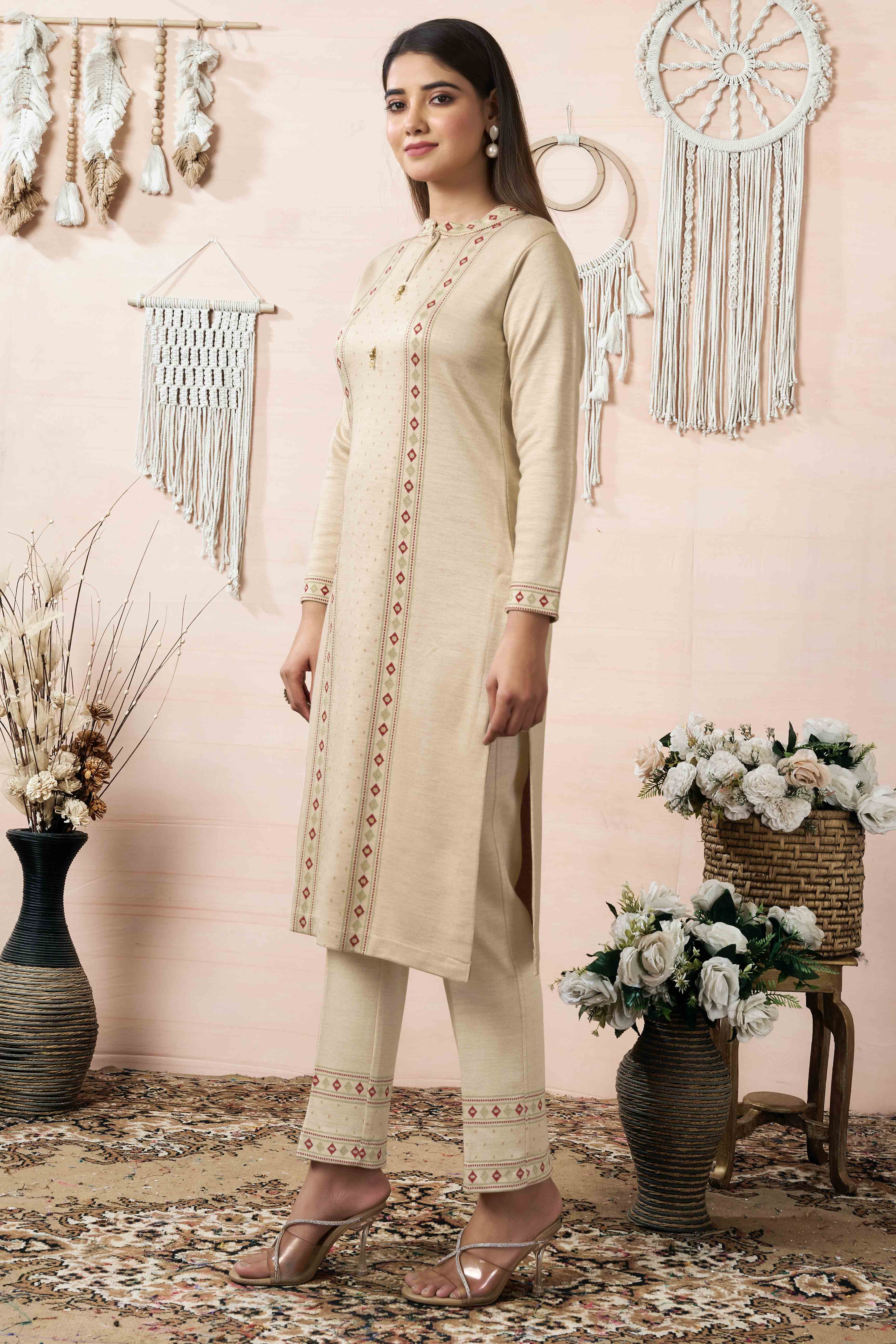 Beige Weaving Woolen Straight Salwar Suit