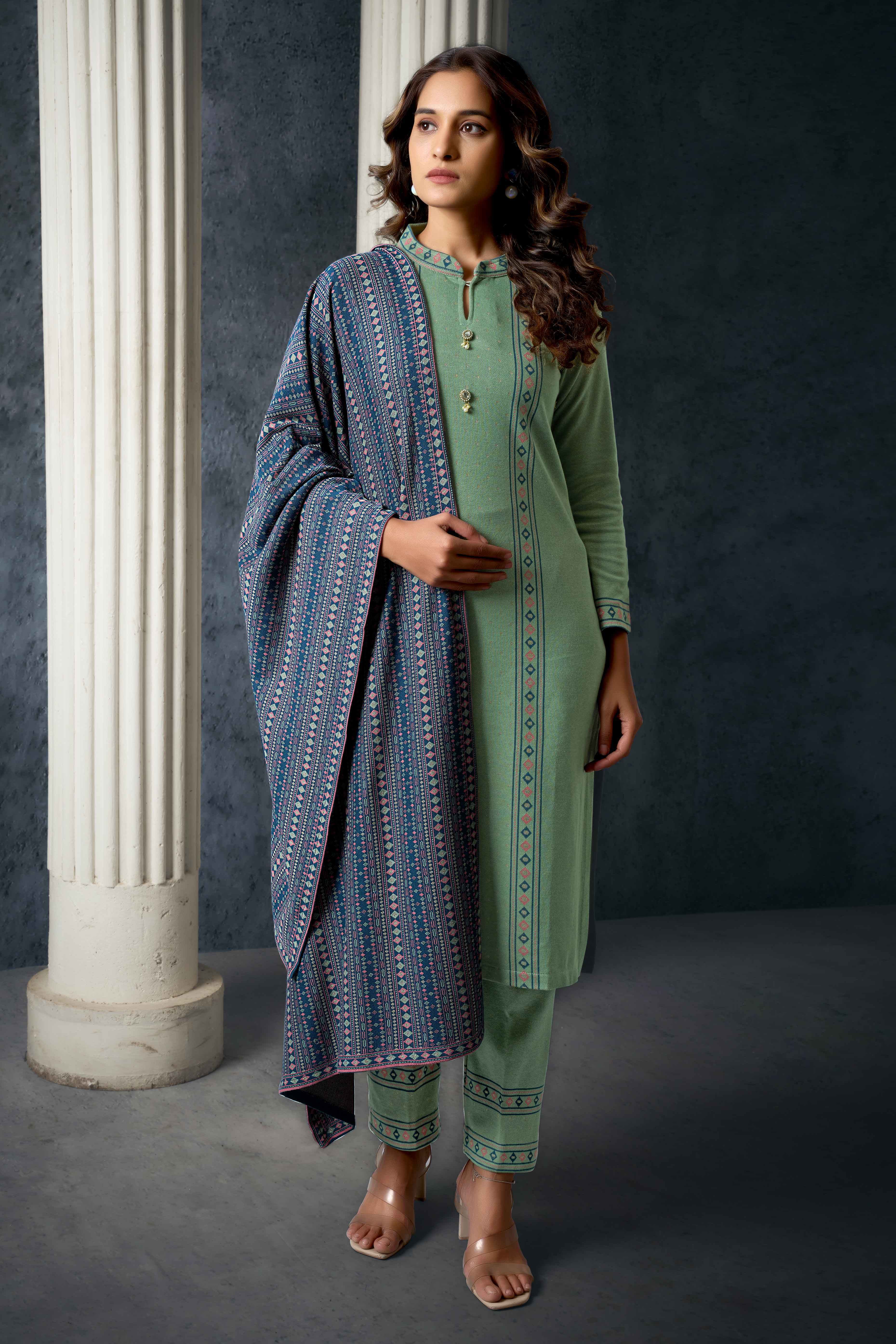 Green Weaving Woolen Straight Salwar Suit