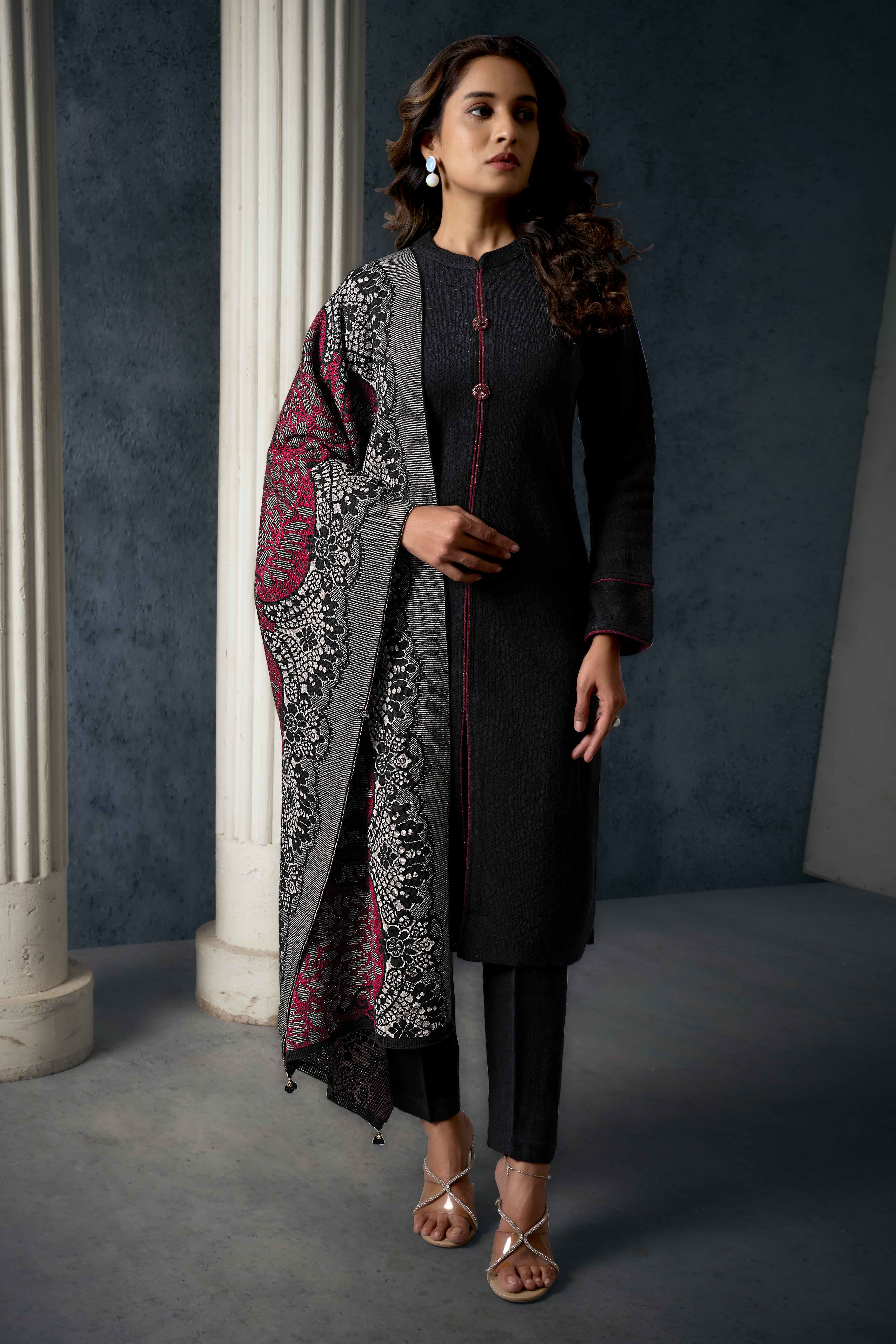 Black Weaving Woolen Front Slit Salwar Suit