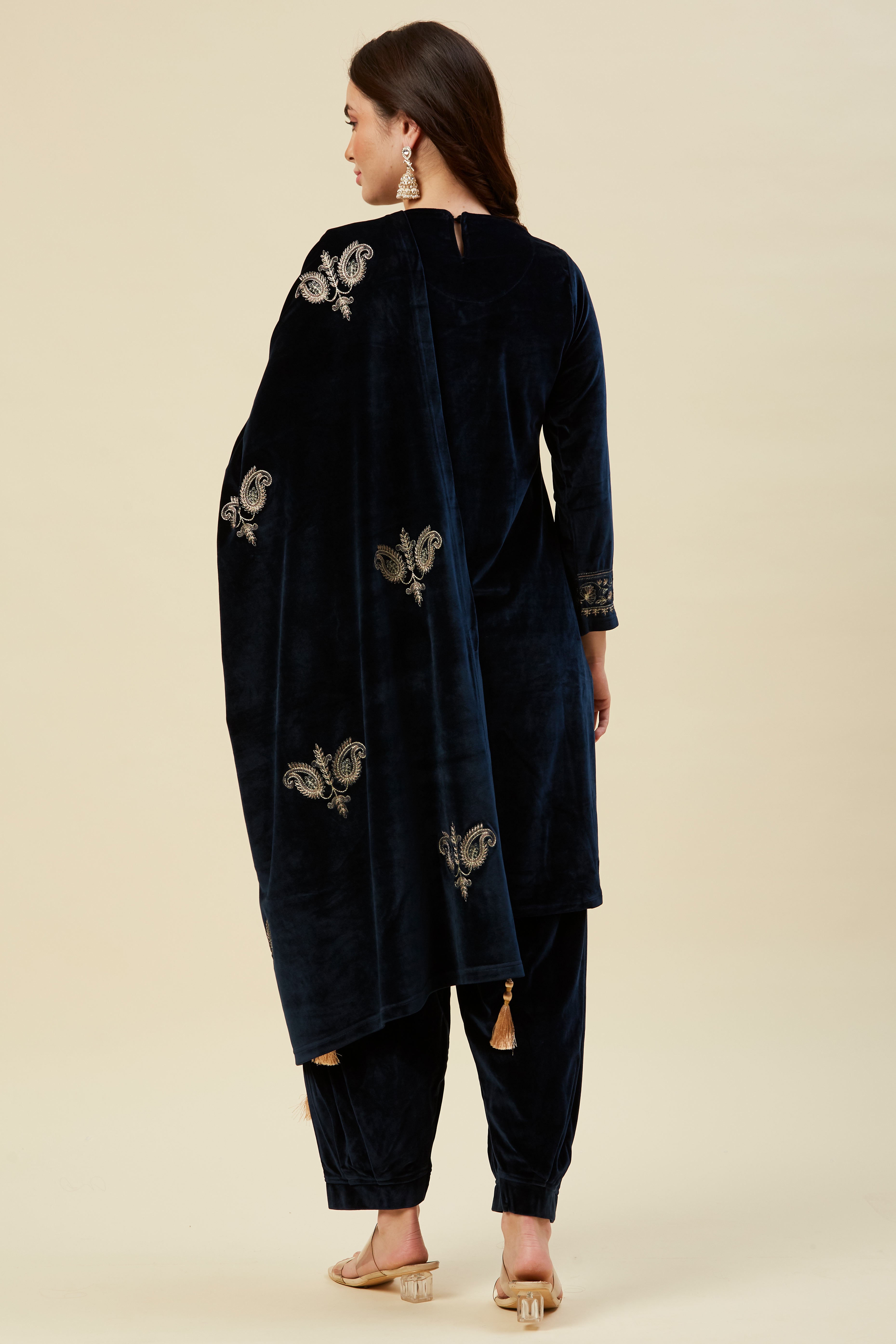 Navy Blue Embroidered Velvet Straight Salwar Suit