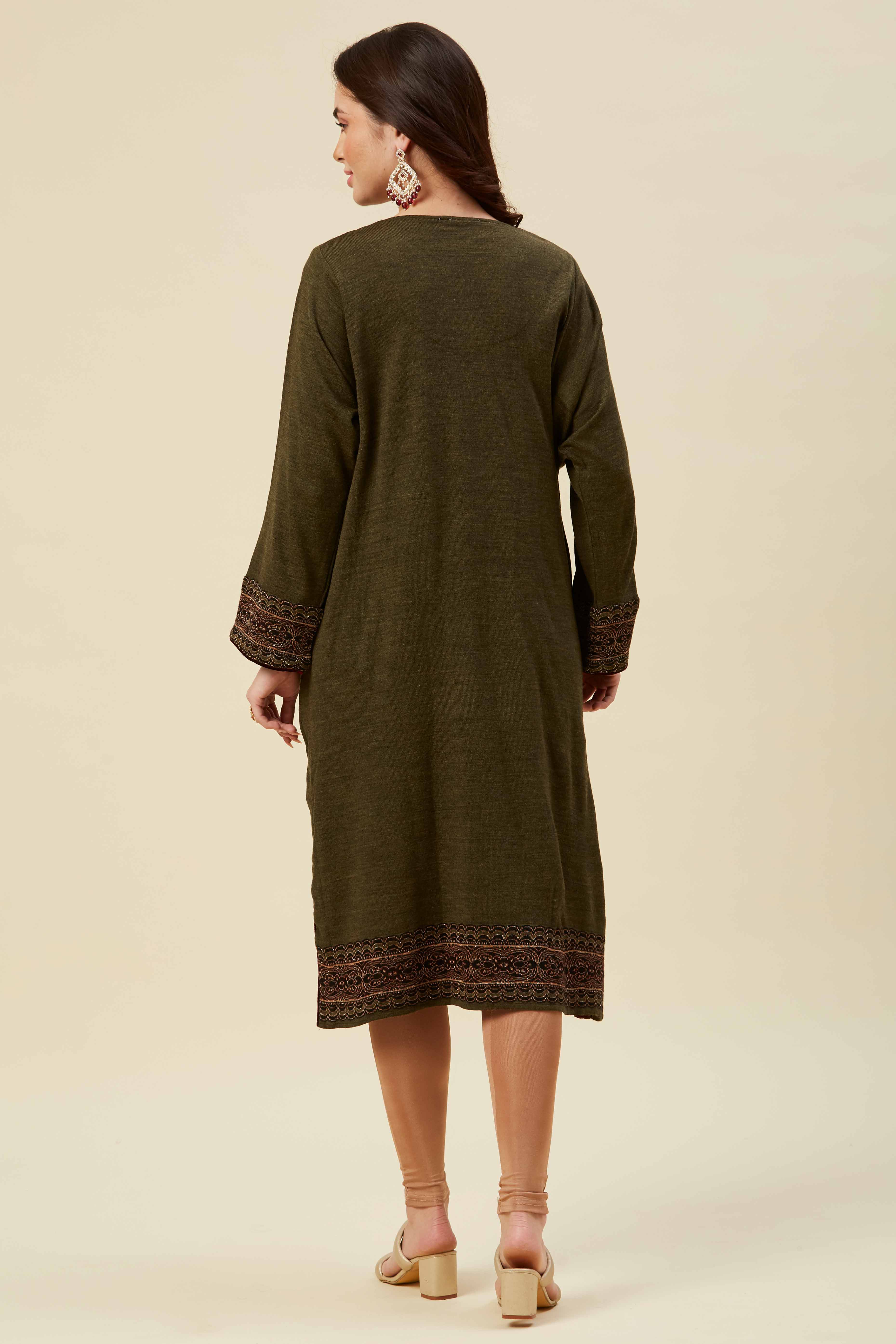 Olive Embroidered Woolen Straight Kurti