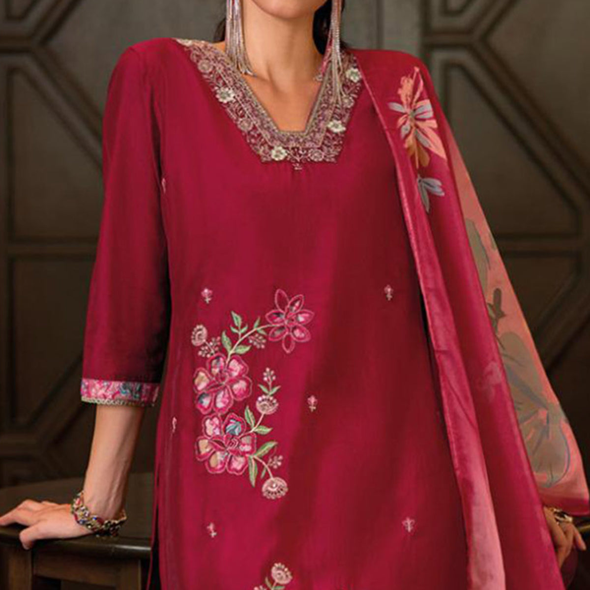 Magenta Floral Handwork Embroidered Viscose Salwar Suit