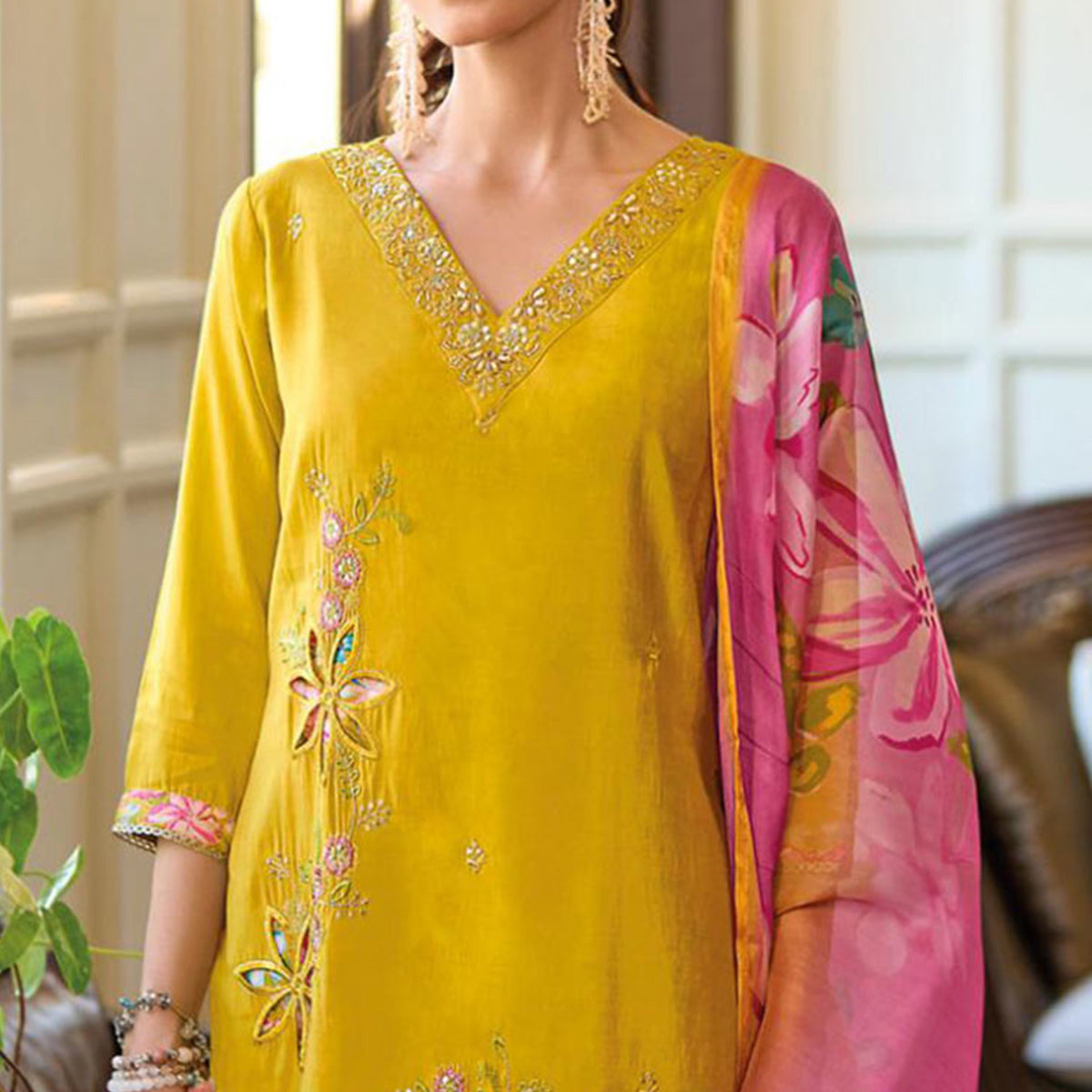 Mustard Floral Handwork Embroidered Viscose Salwar Suit