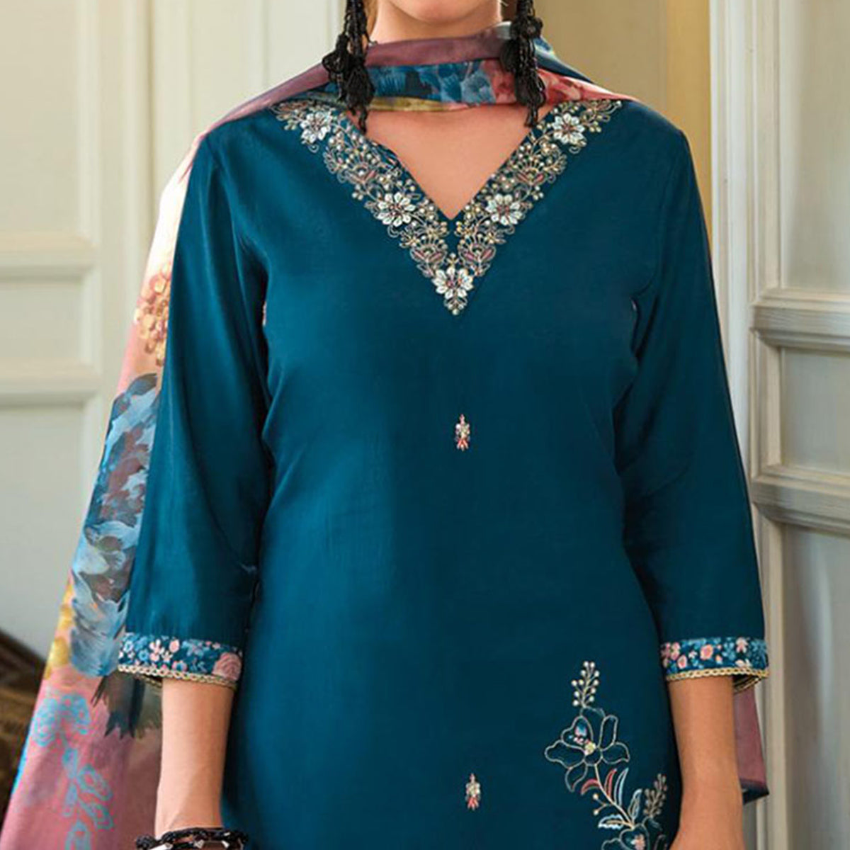 Teal Floral Handwork Embroidered Viscose Salwar Suit