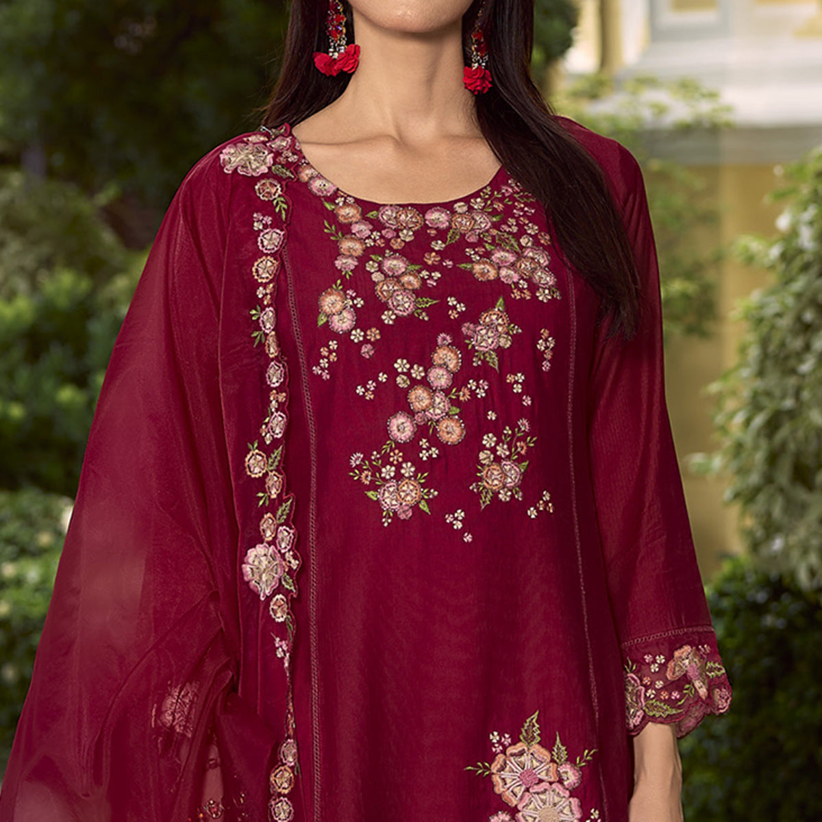 Maroon Floral Handwork Embroidered Viscose Salwar Suit