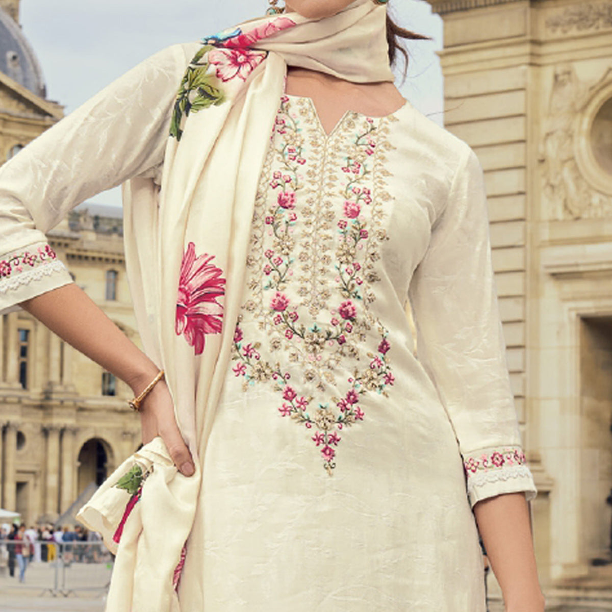Cream Floral Sequins Embroidery With Handwork Viscose Salwar Suit