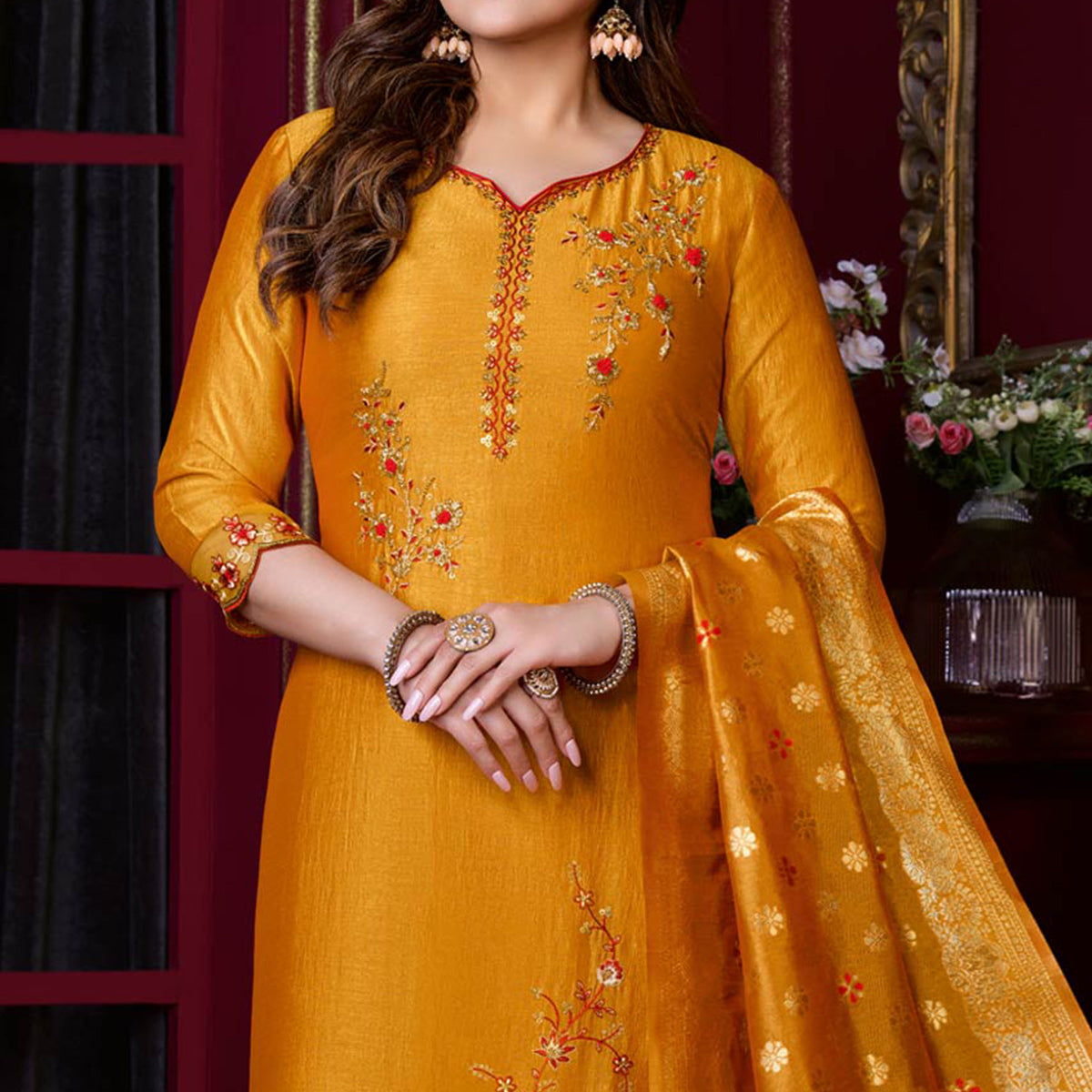 Mustard Floral Sequins Embroidered Cotton Silk Suit