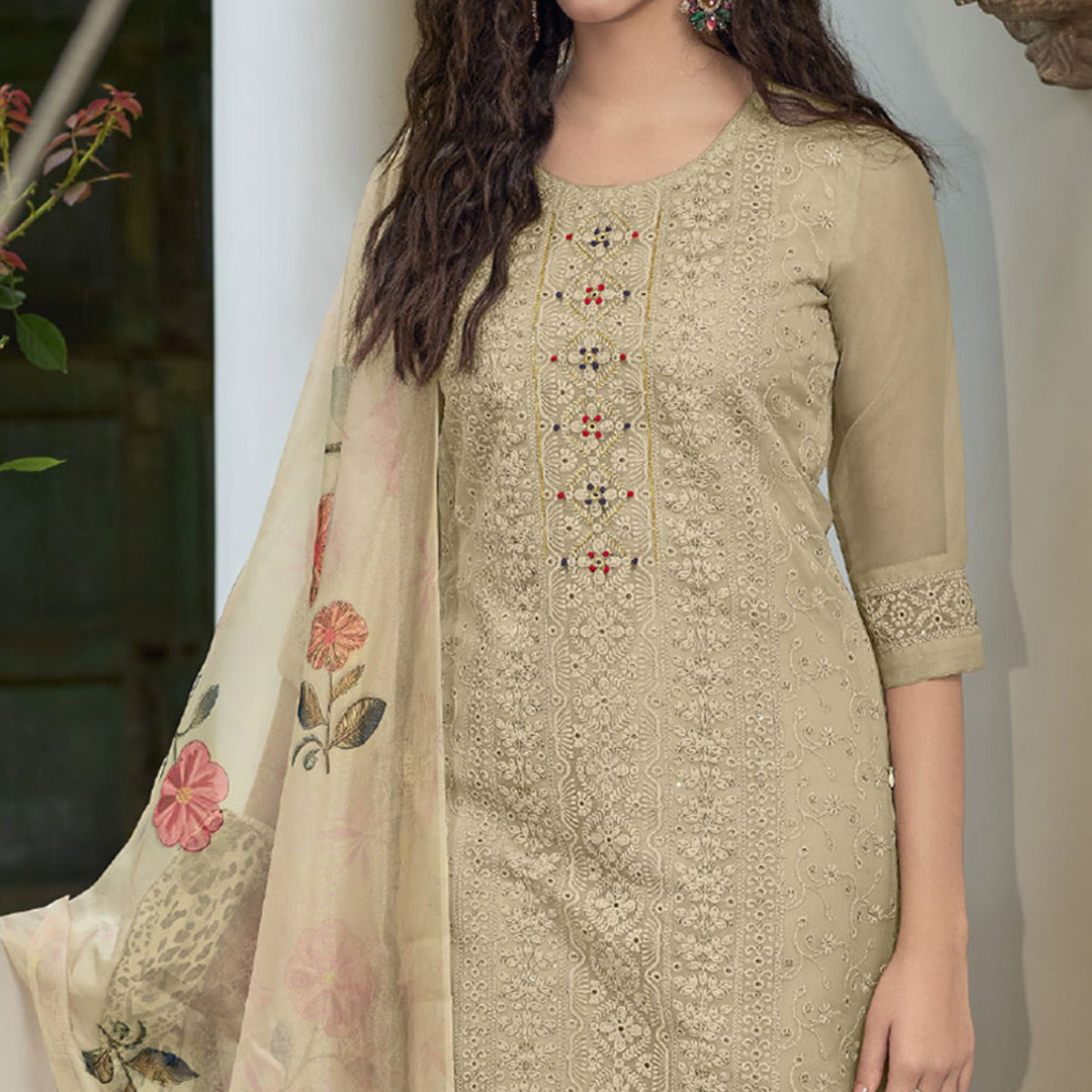 Cream Chikankari With Handwork Organza Salwar Suit