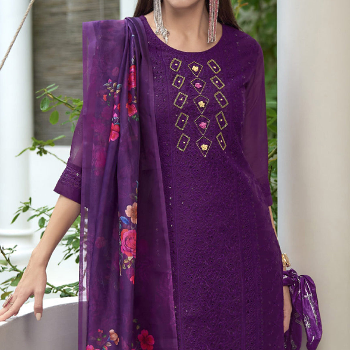Purple Chikankari With Handwork Organza Salwar Suit