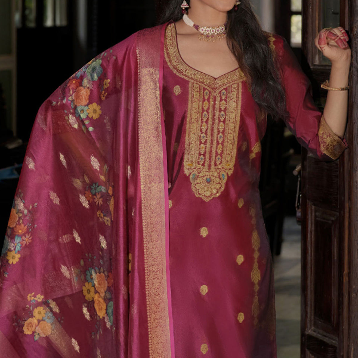 Pink Floral Woven With Handwork Organza Salwar Suit