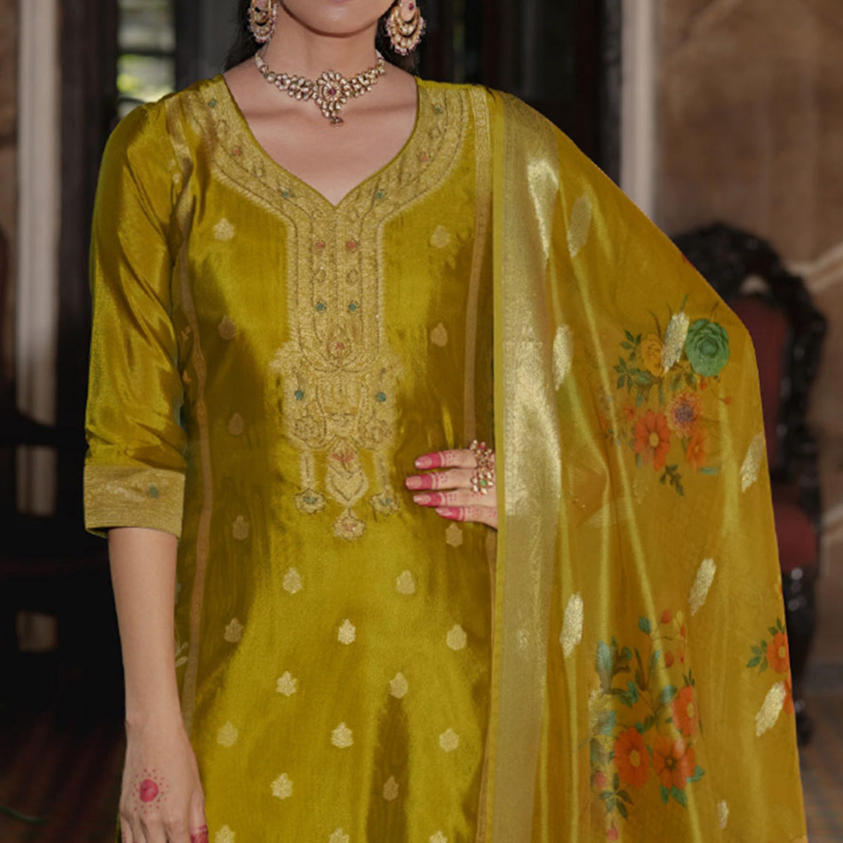 Olive Green Floral Woven With Handwork Organza Salwar Suit