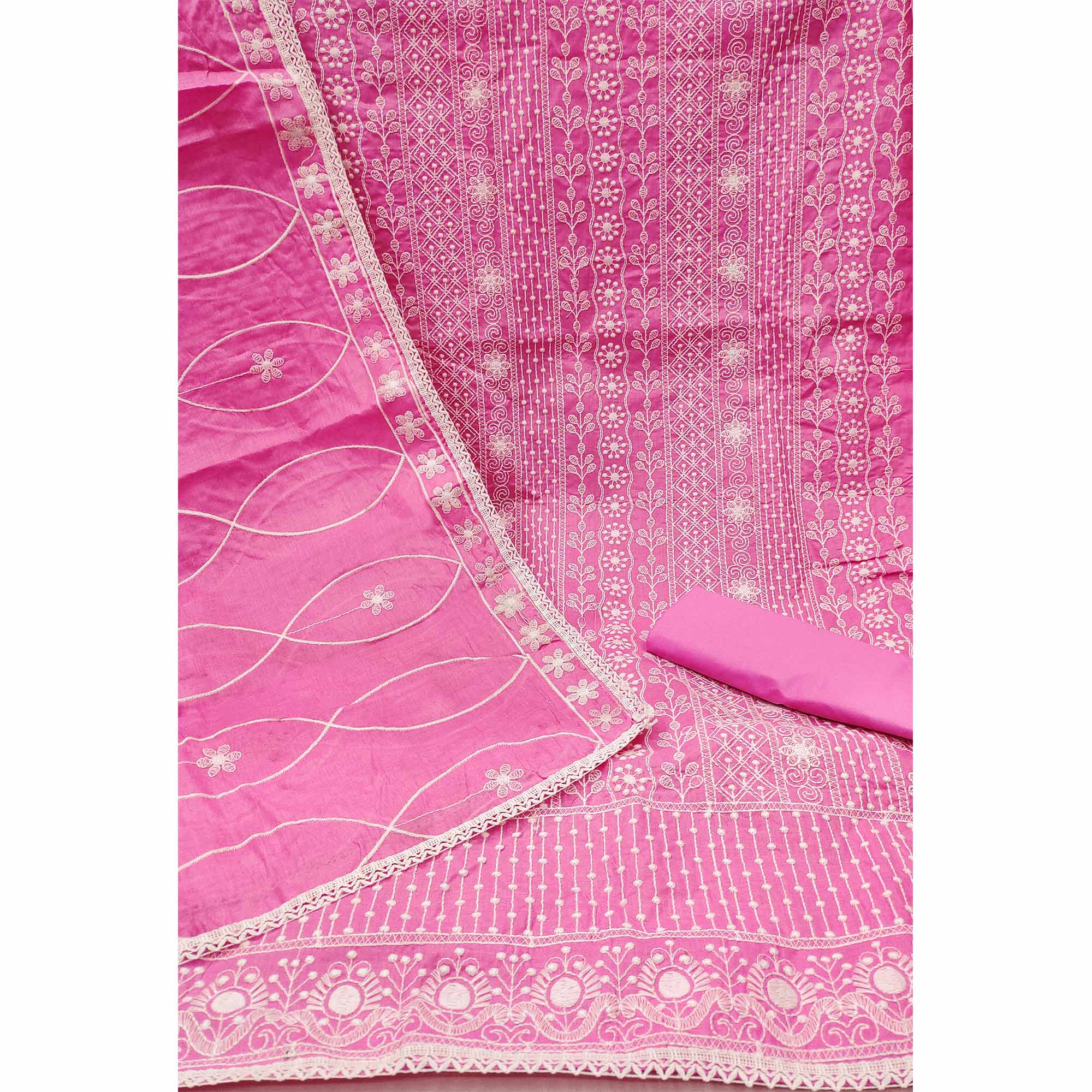 Pink Floral Embroidered Pure Cotton Dress Material