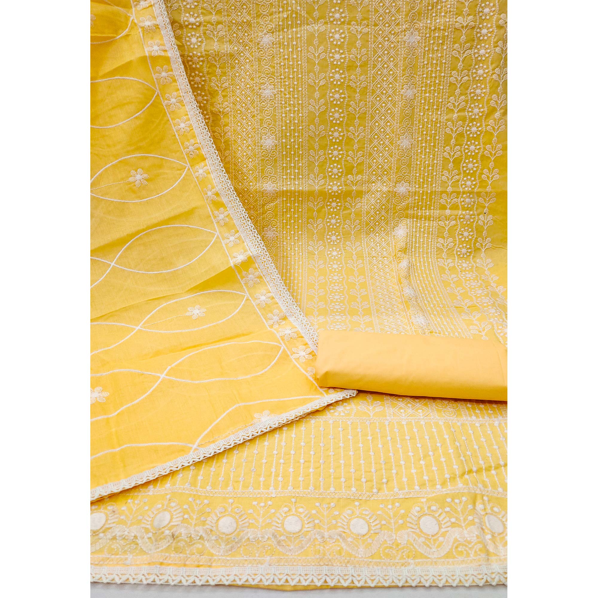 Yellow Floral Embroidered Pure Cotton Dress Material