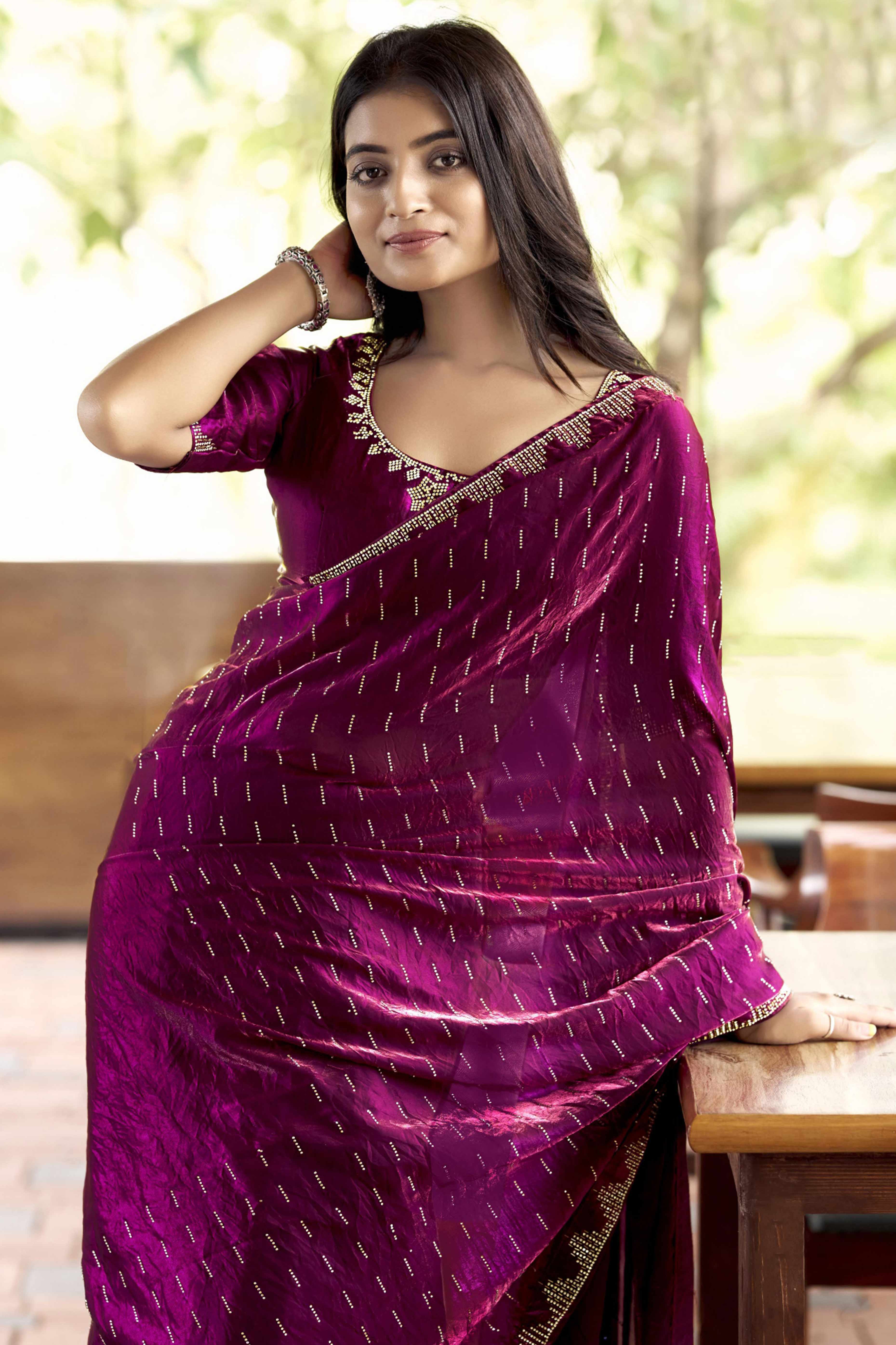 Graceful Magenta Nylon Partywear Saree Adorned with Exquisite Stone Work