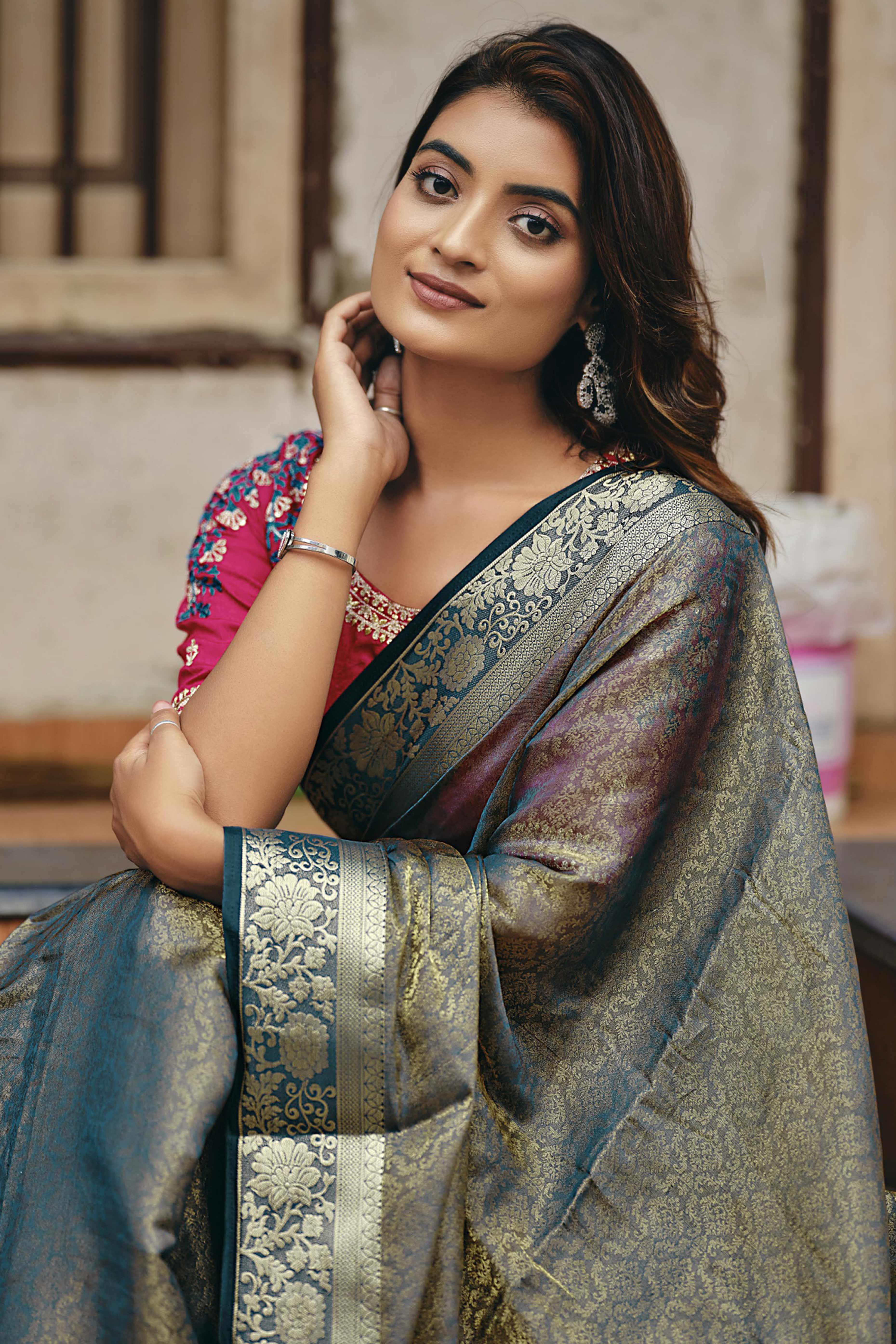 Elegant Grey Partywear Nylon Silk Saree with Stone & Weaving Details
