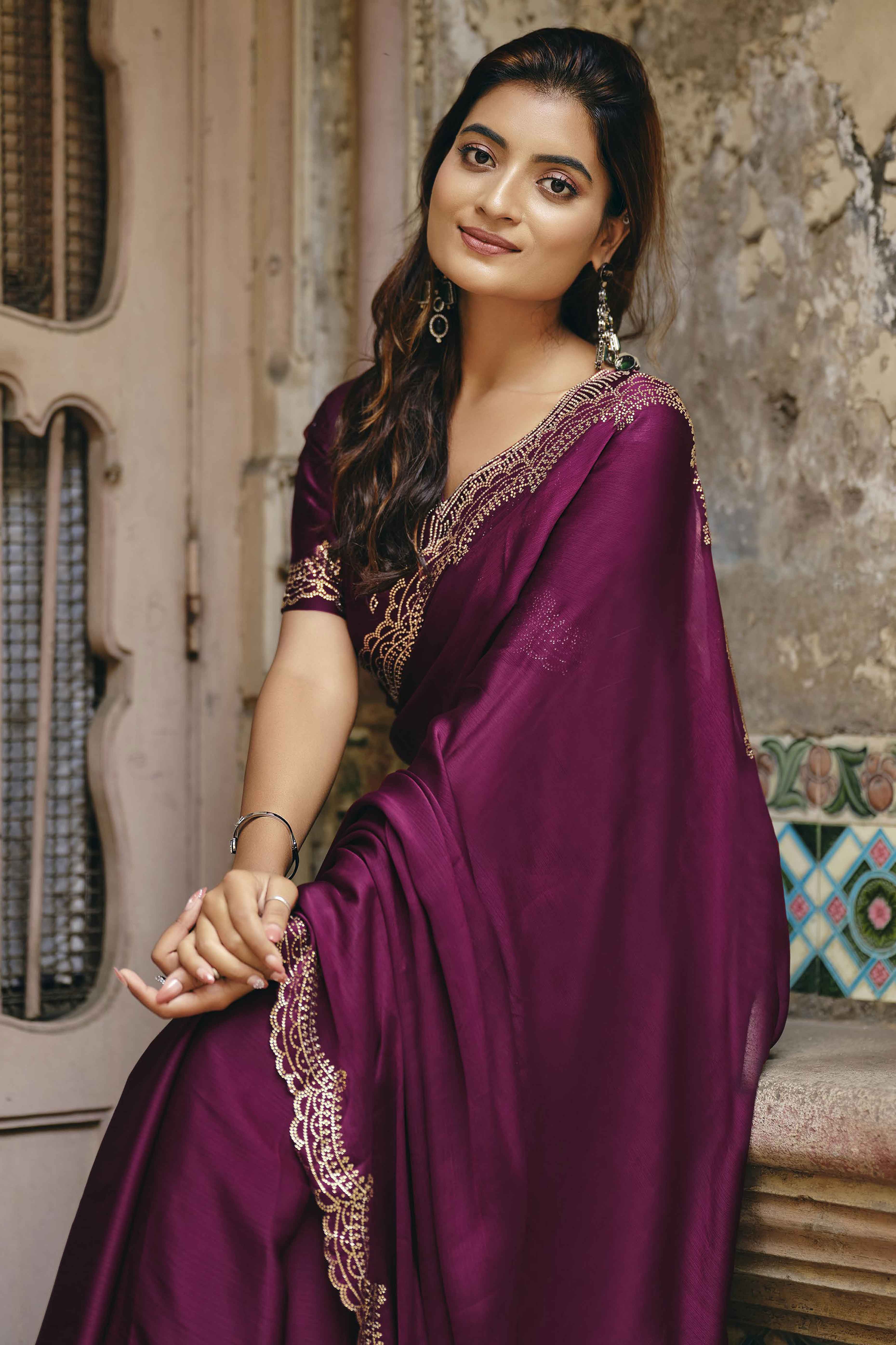 Wine Stone Work Embellished Satin Saree for Glamorous Party Look