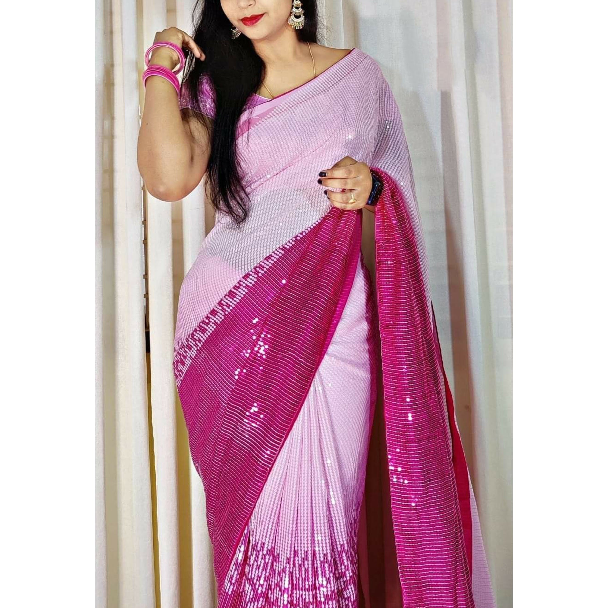 Pink Sequins Digital print Georgette Saree