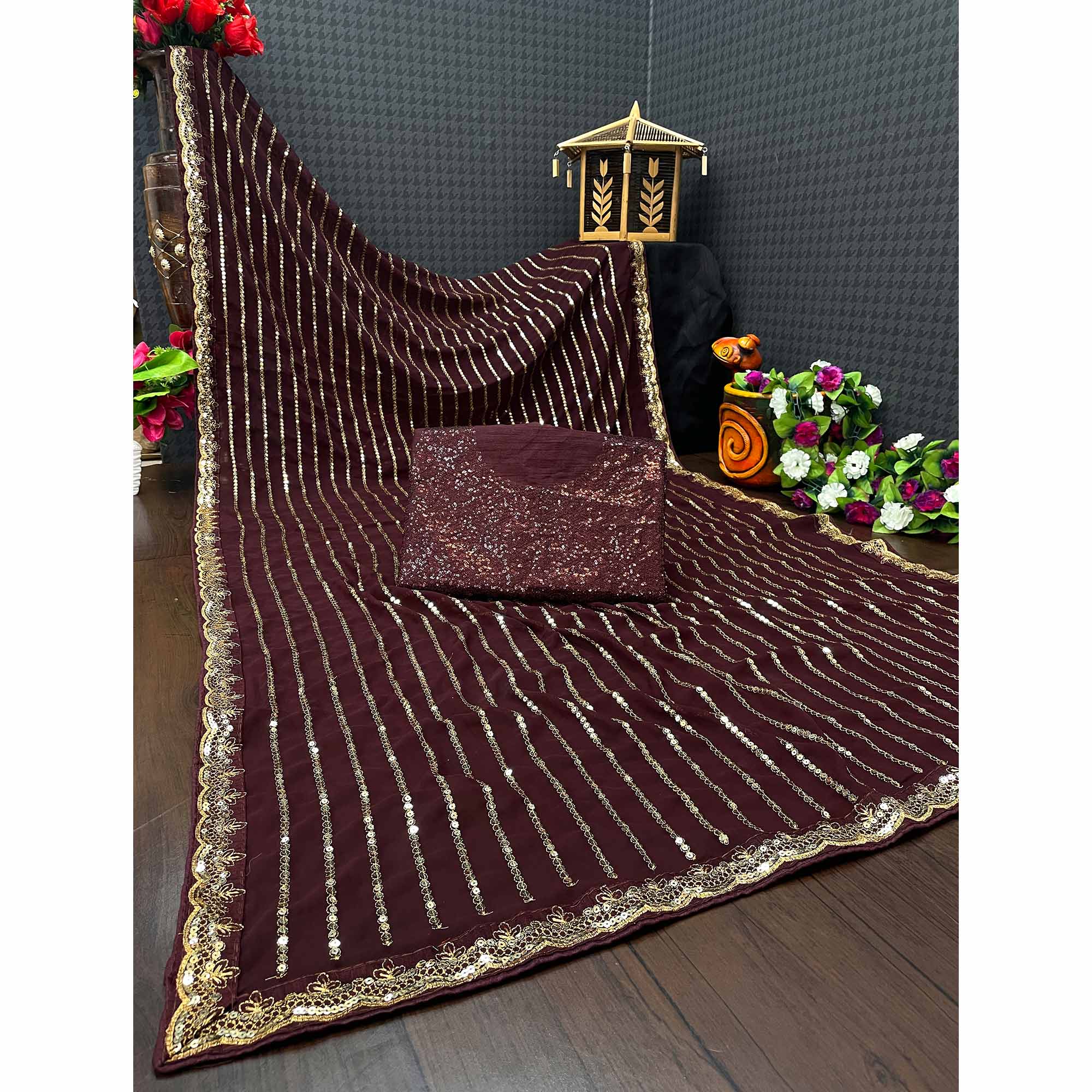 Brown Sequins Embroidered Georgette Saree
