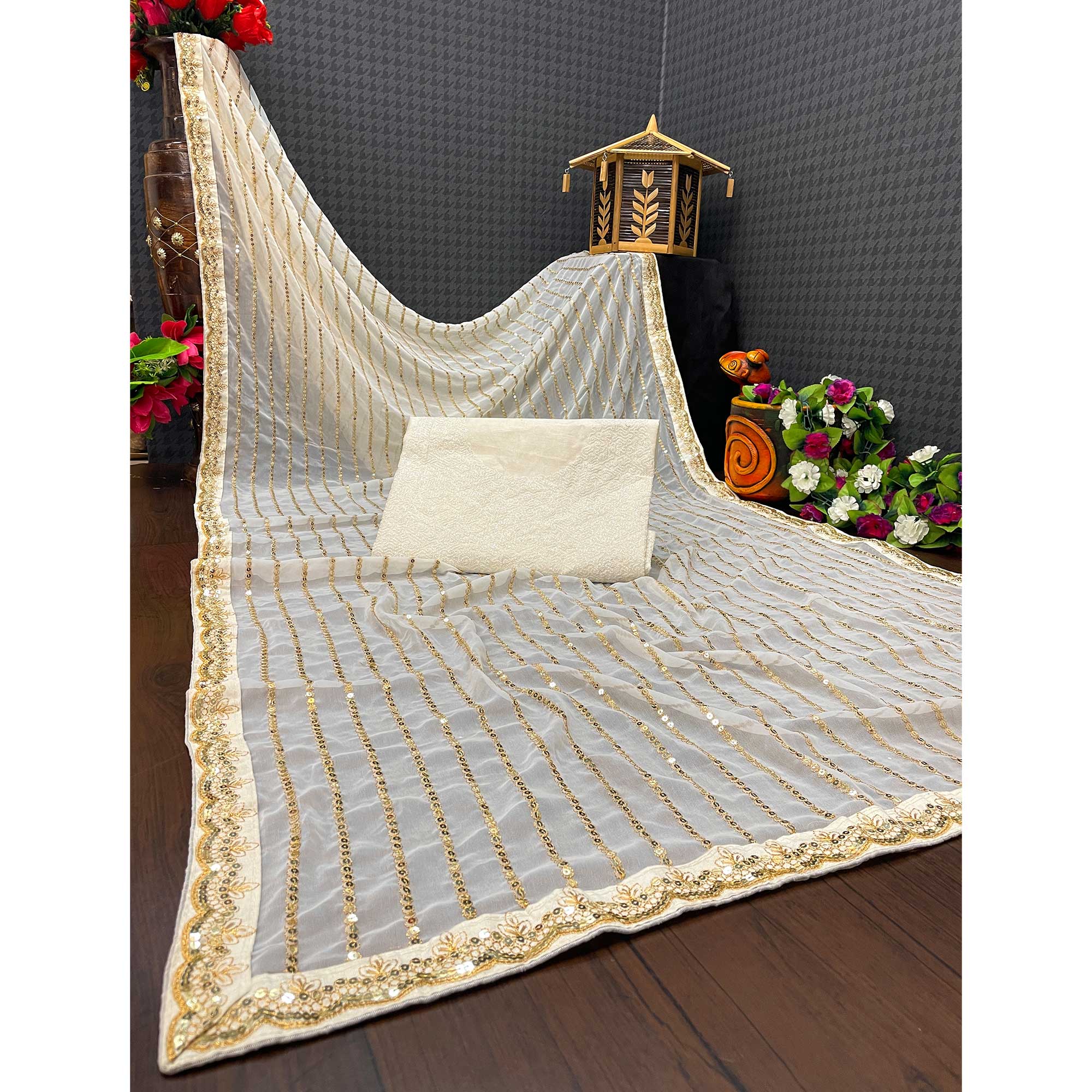 Off White Sequins Embroidered Georgette Saree
