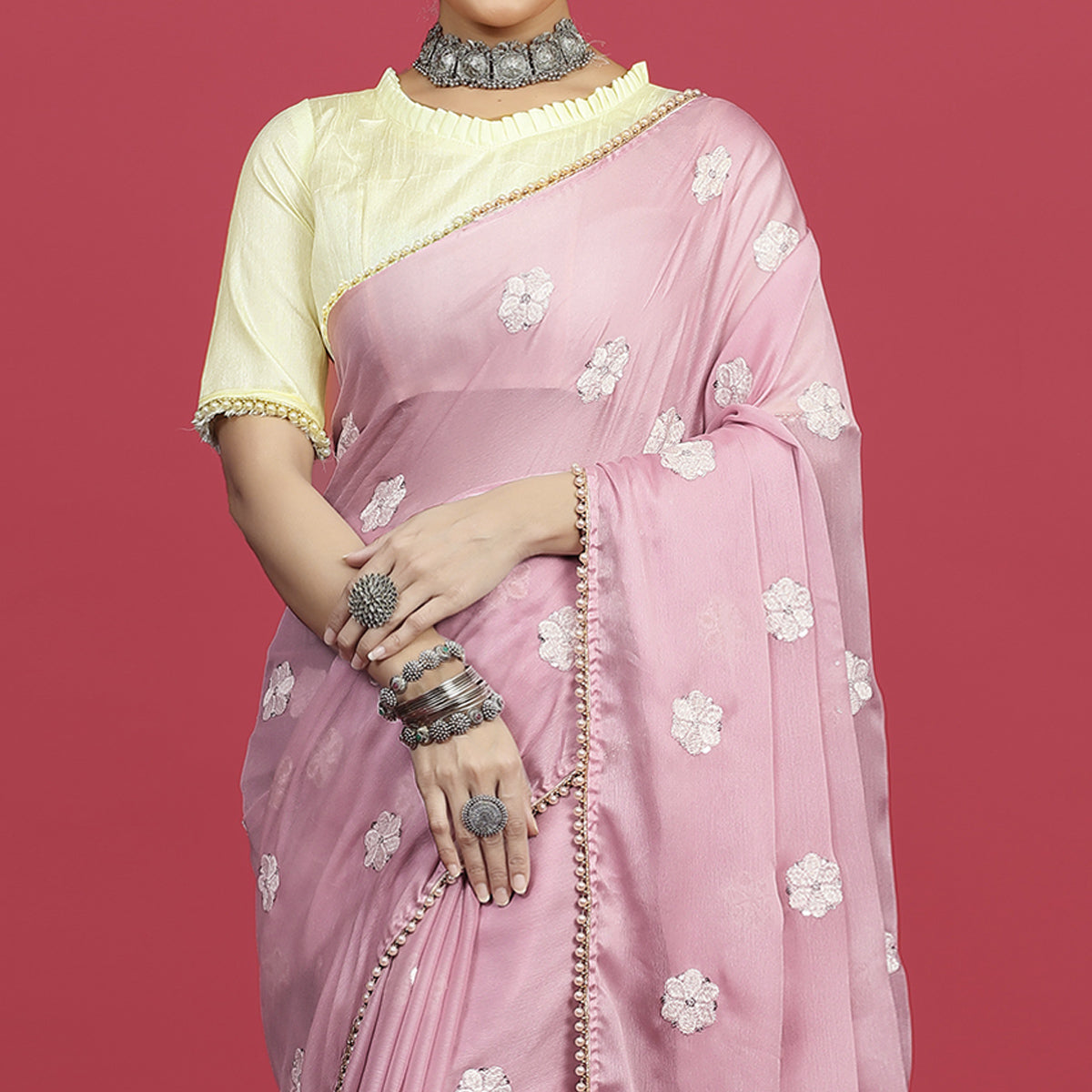 Pink Floral Embroidered Chiffon Saree