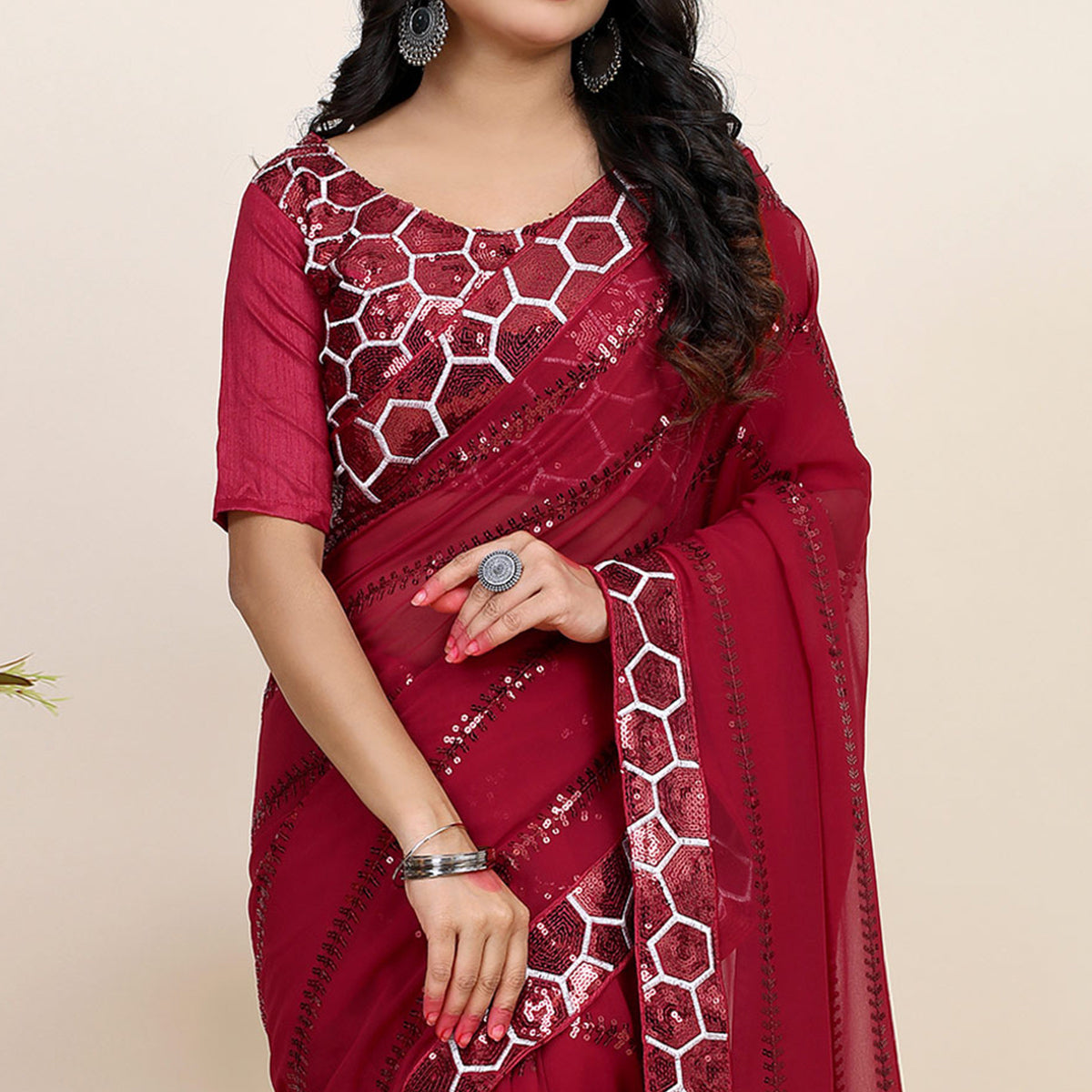 Maroon Sequins Embroidered Georgette Saree