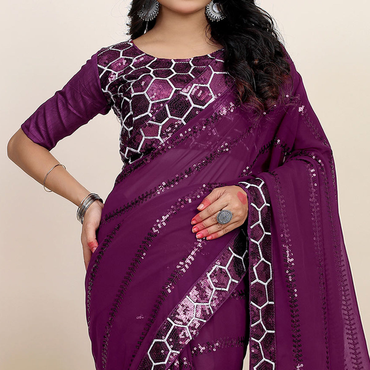 Wine Sequins Embroidered Georgette Saree