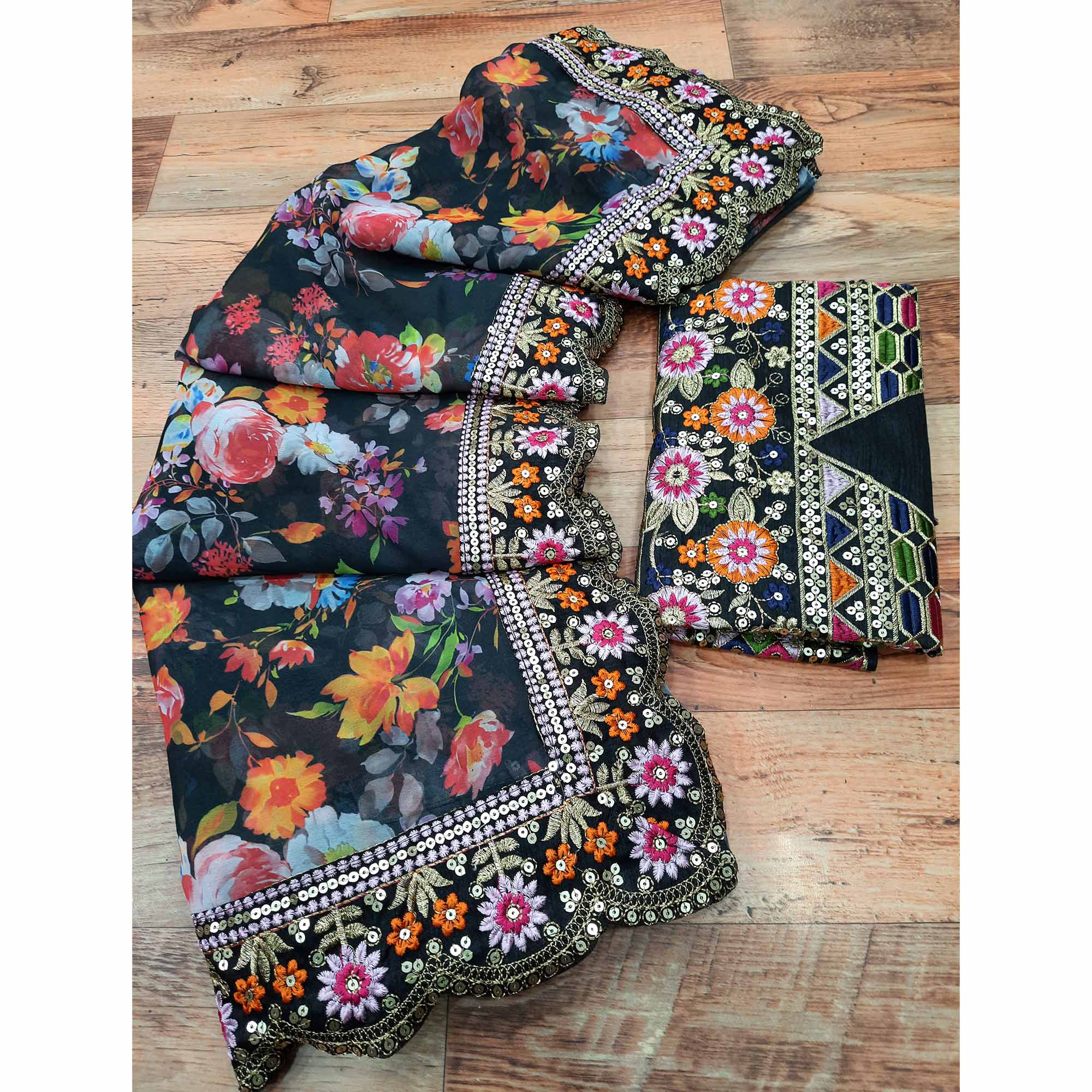 Black Floral Digital Printed Georgette Saree With Embroidered Border