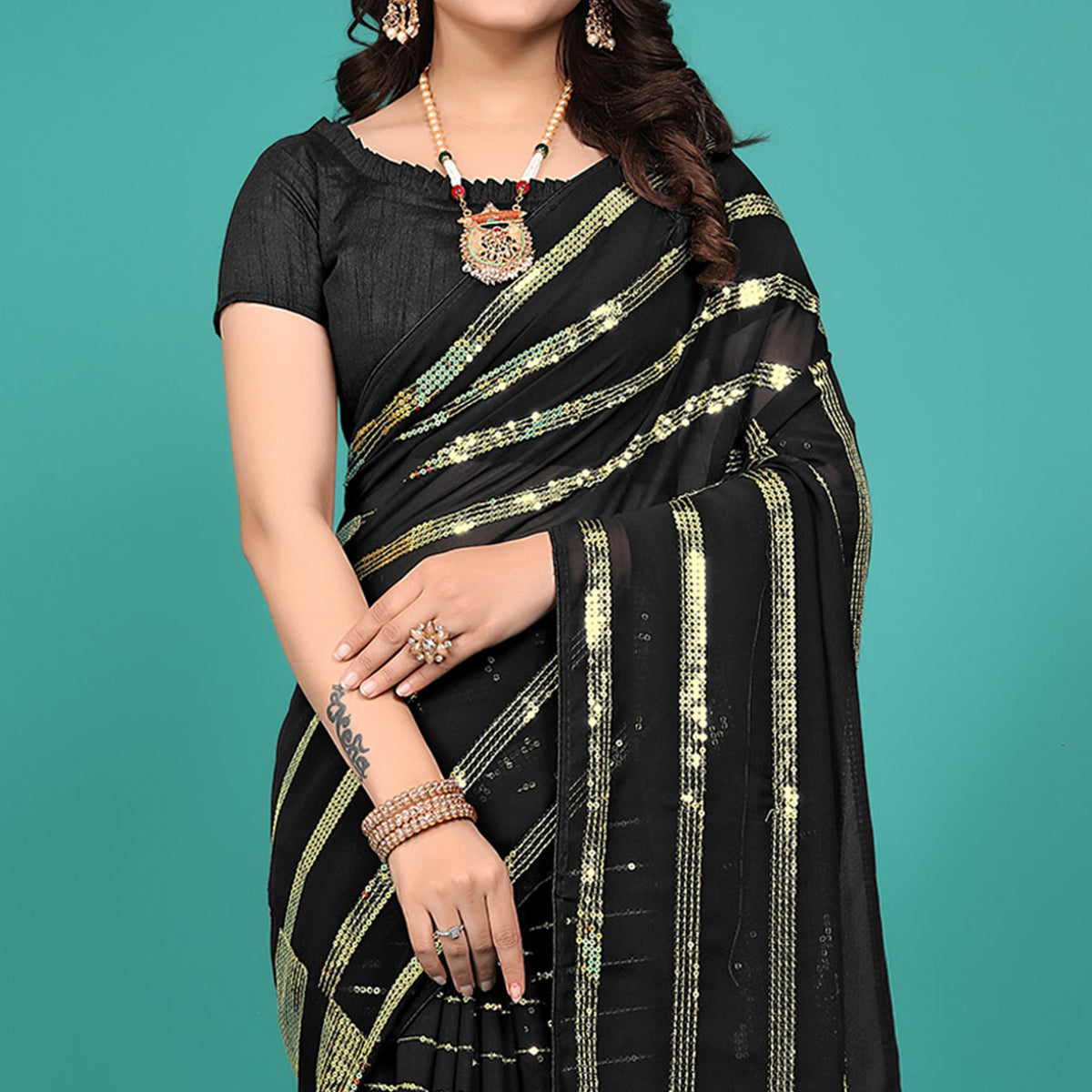 Black Sequins Embroidered Georgette Saree