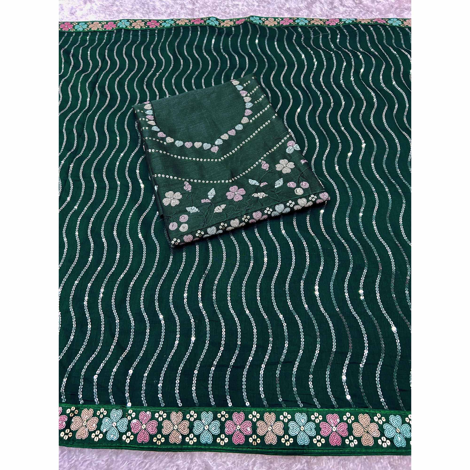 Green Sequins Embroidered Vichitra Silk Saree