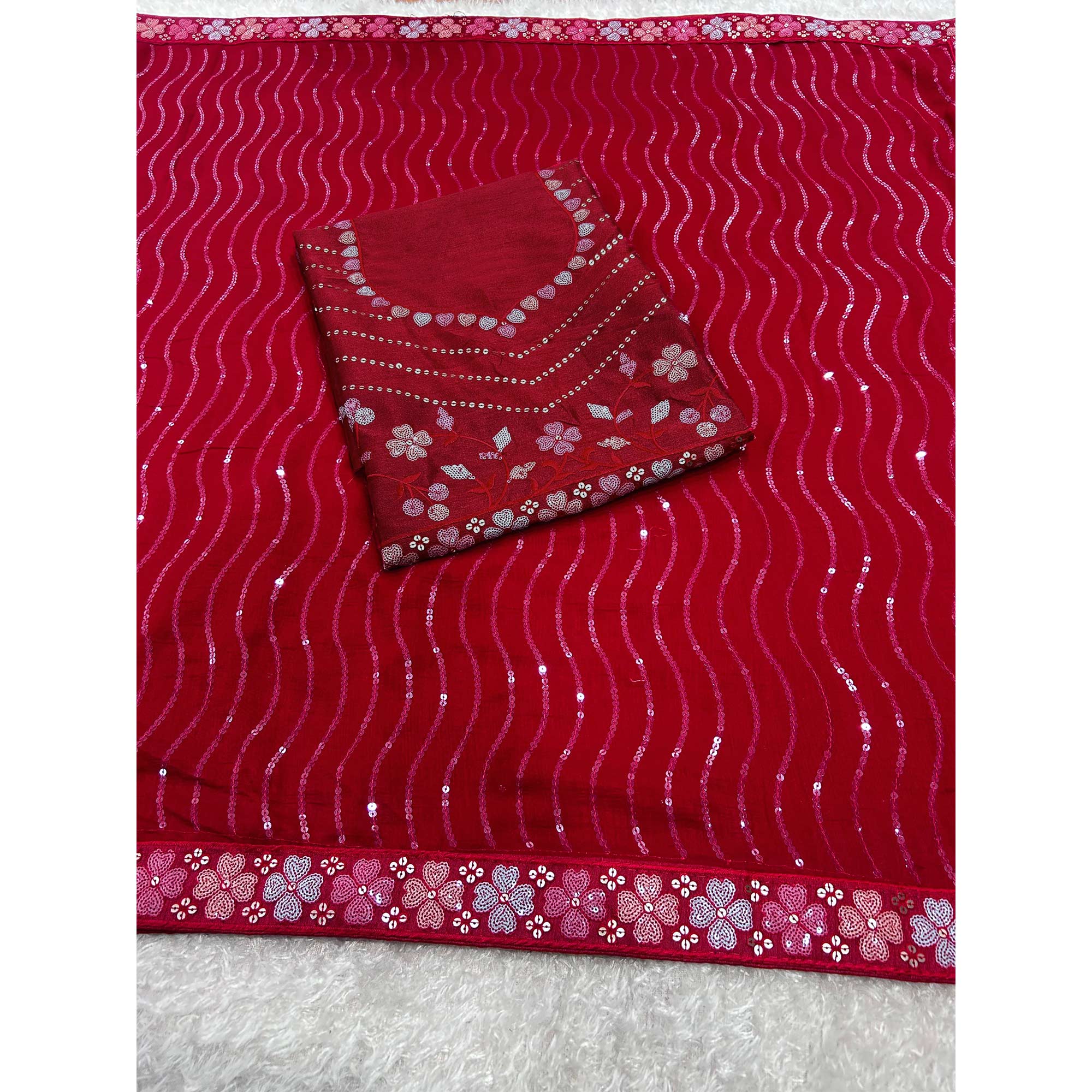 Red Sequins Embroidered Vichitra Silk Saree