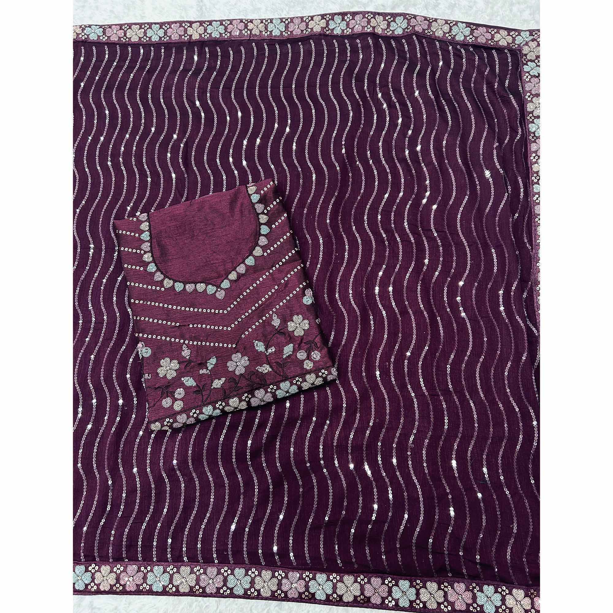 Wine Sequins Embroidered Vichitra Silk Saree