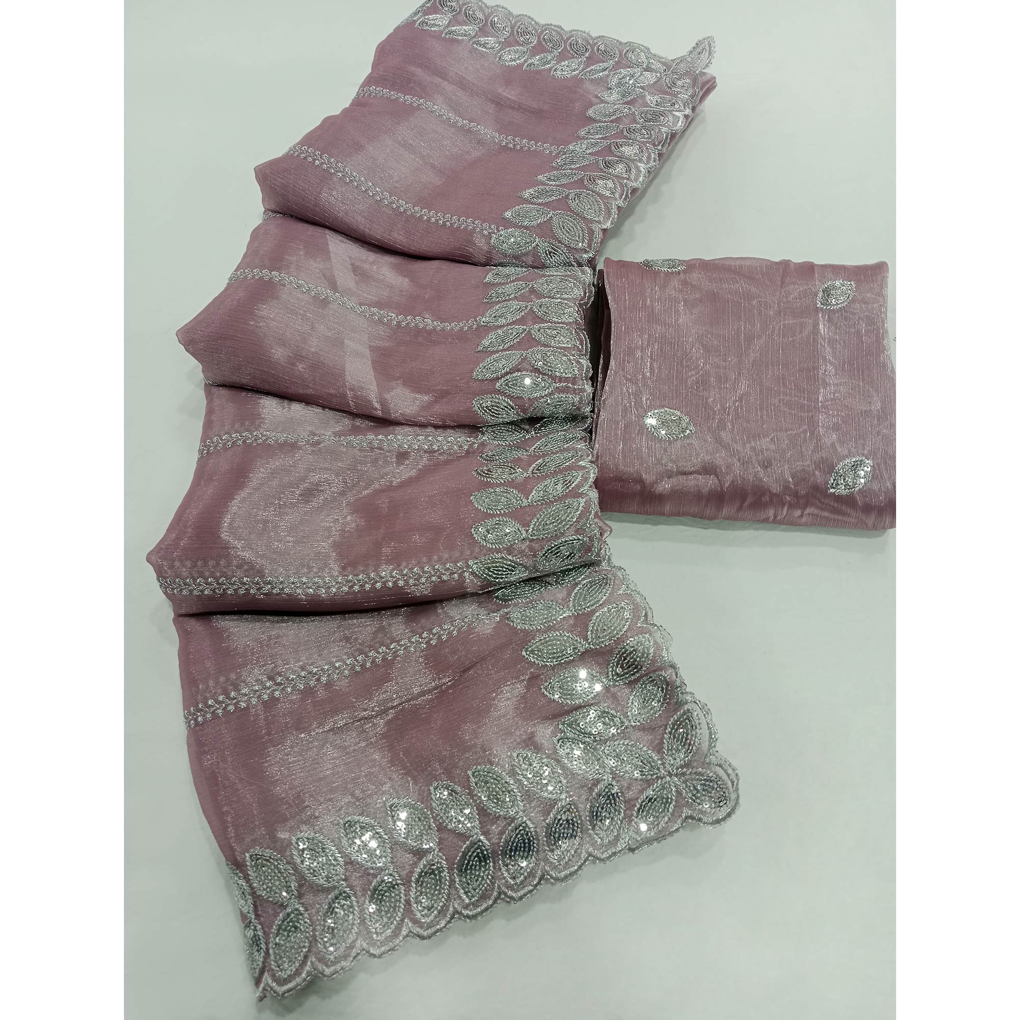 Light Mauve Embroidered Chiffon Saree With Sequins Border