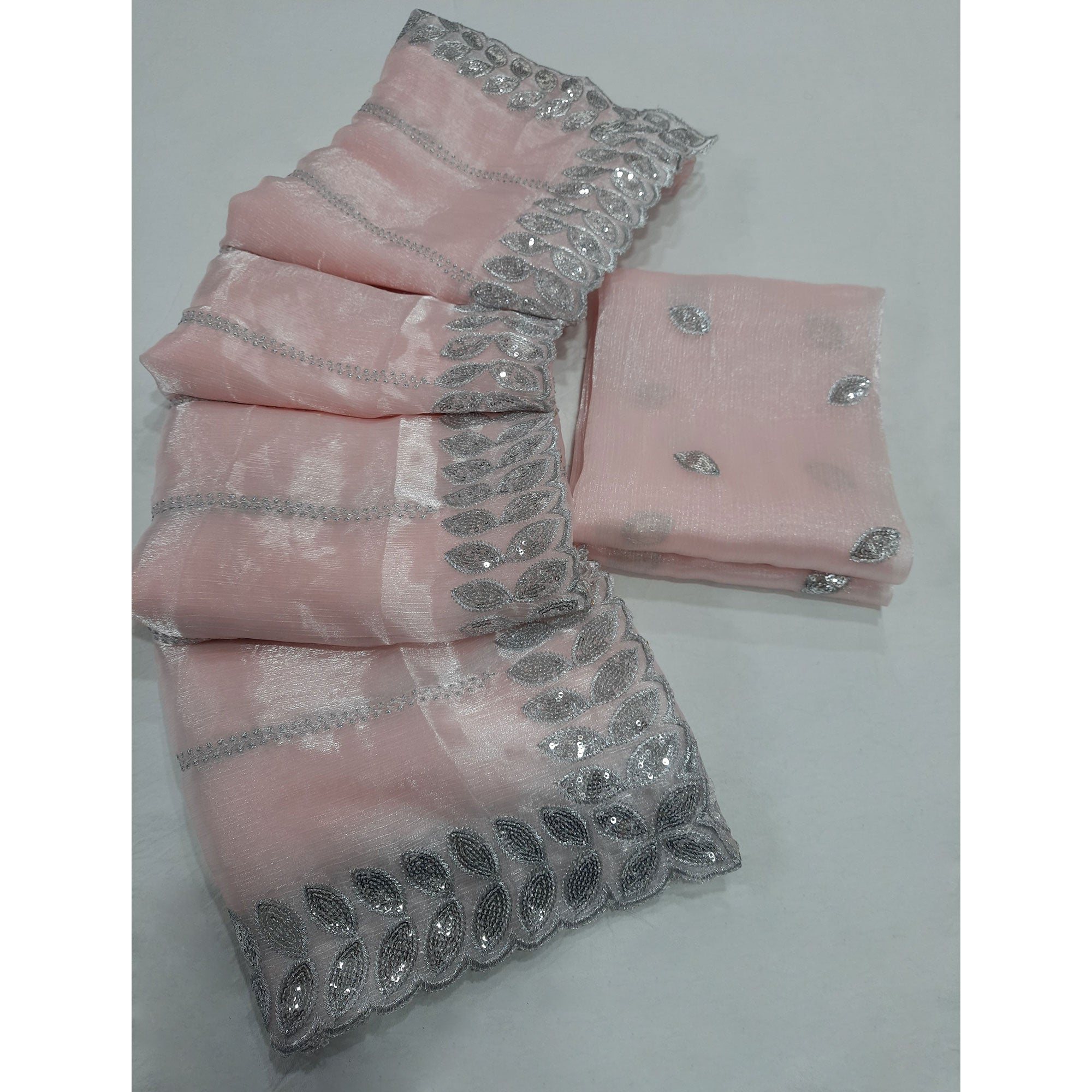 Peach Embroidered Chiffon Saree With Sequins Border