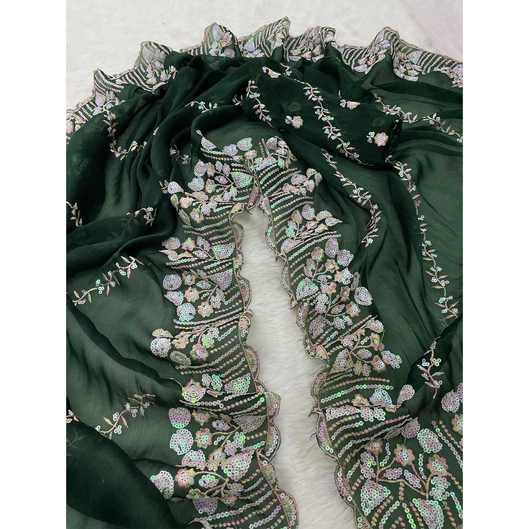 Green Sequins Embroidered Chiffon Saree