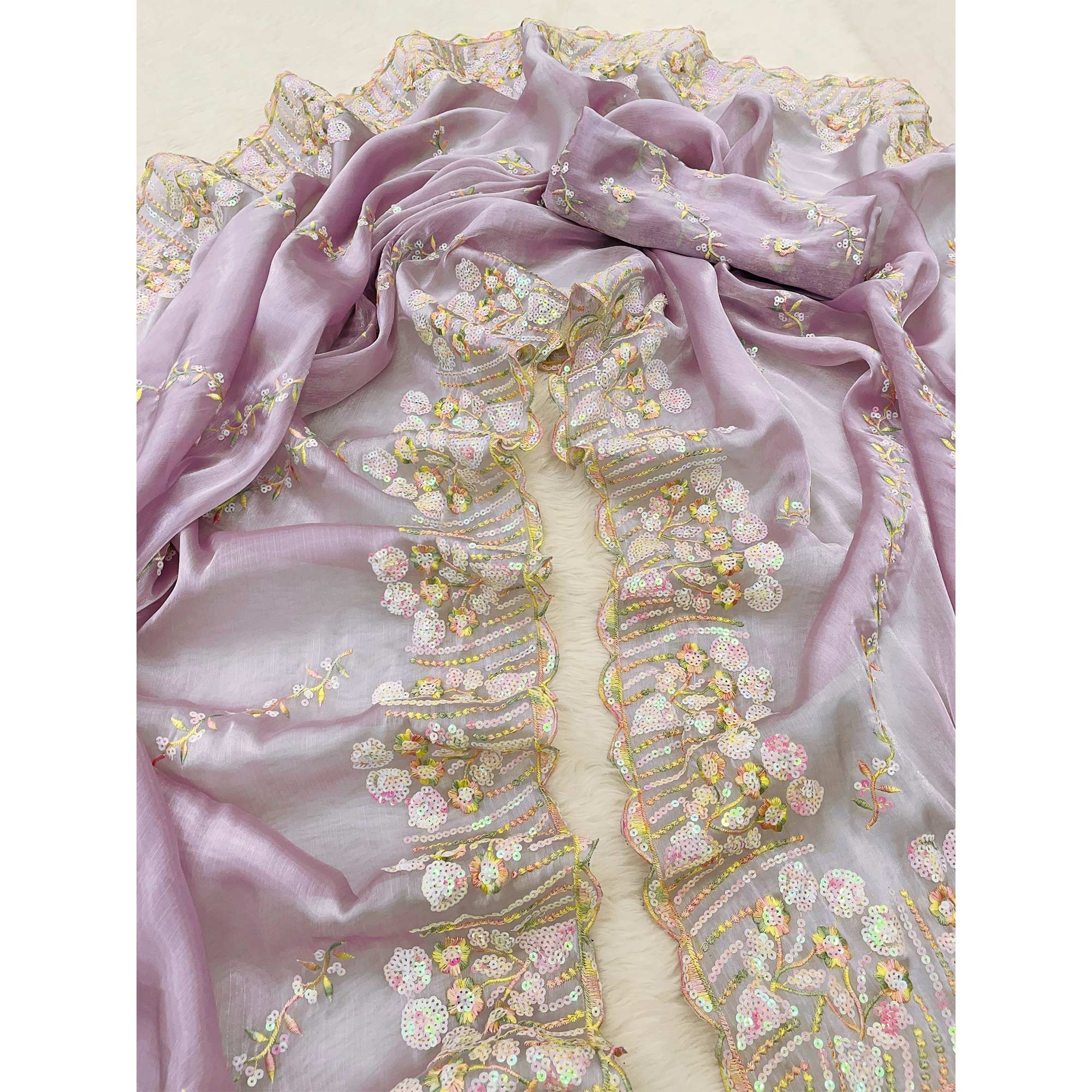 Light Mauve Sequins Embroidered Chiffon Saree