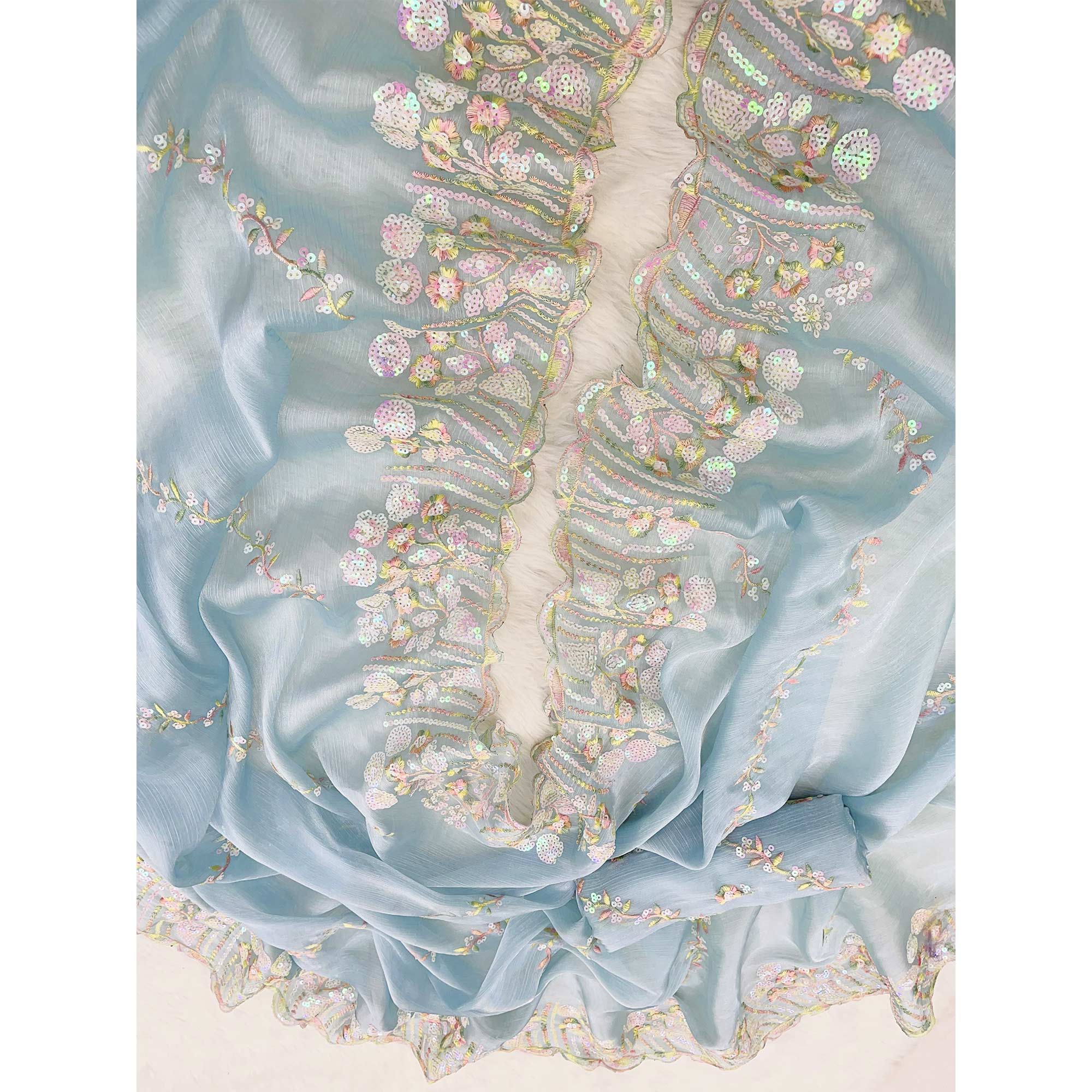 Sky Blue Sequins Embroidered Chiffon Saree