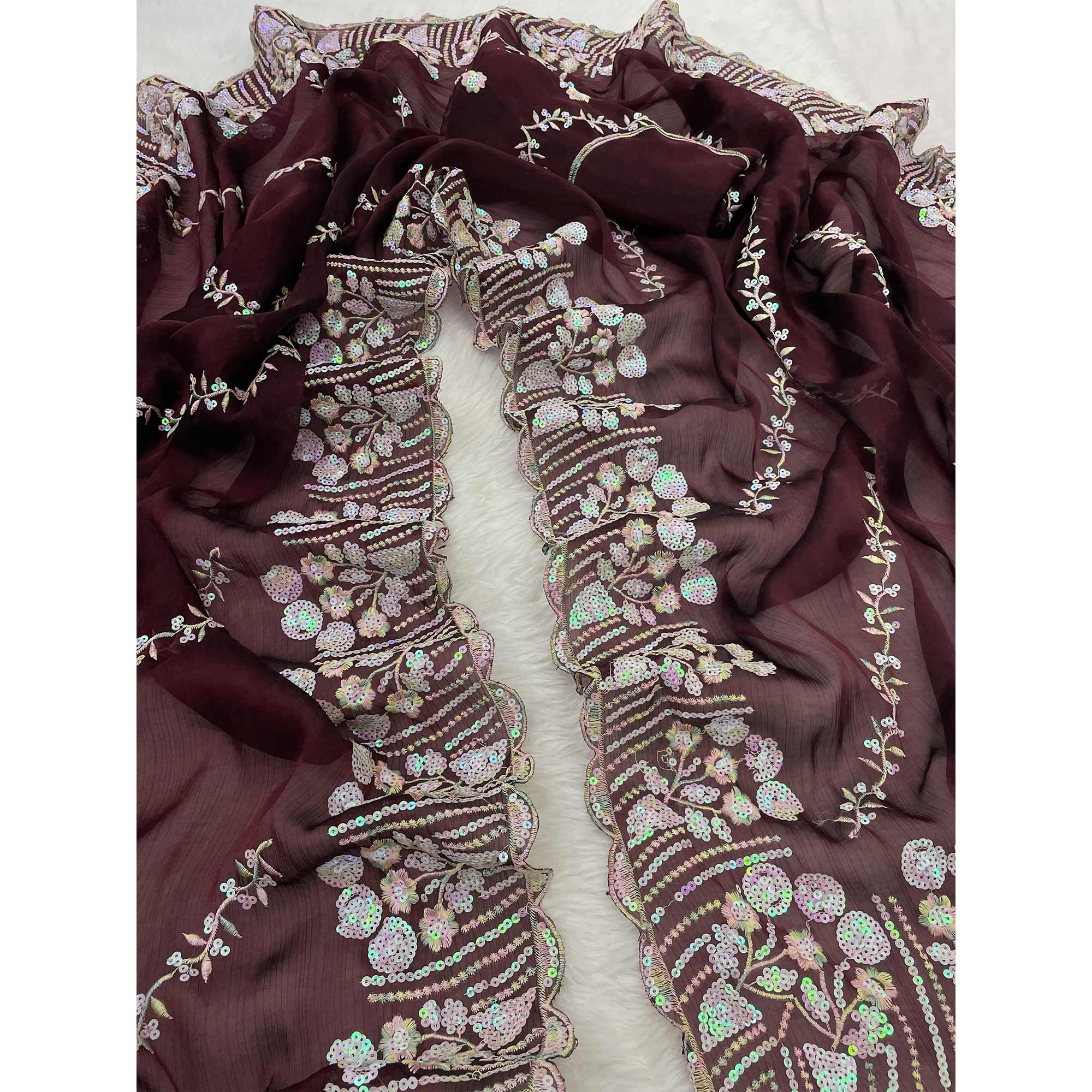 Dark Maroon Sequins Embroidered Chiffon Saree